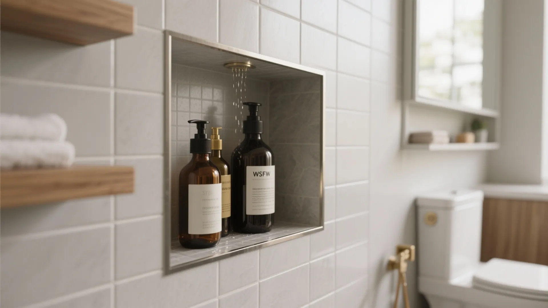 Modern bathroom with white tiles and a small wall shelf holding three brown soap bottles