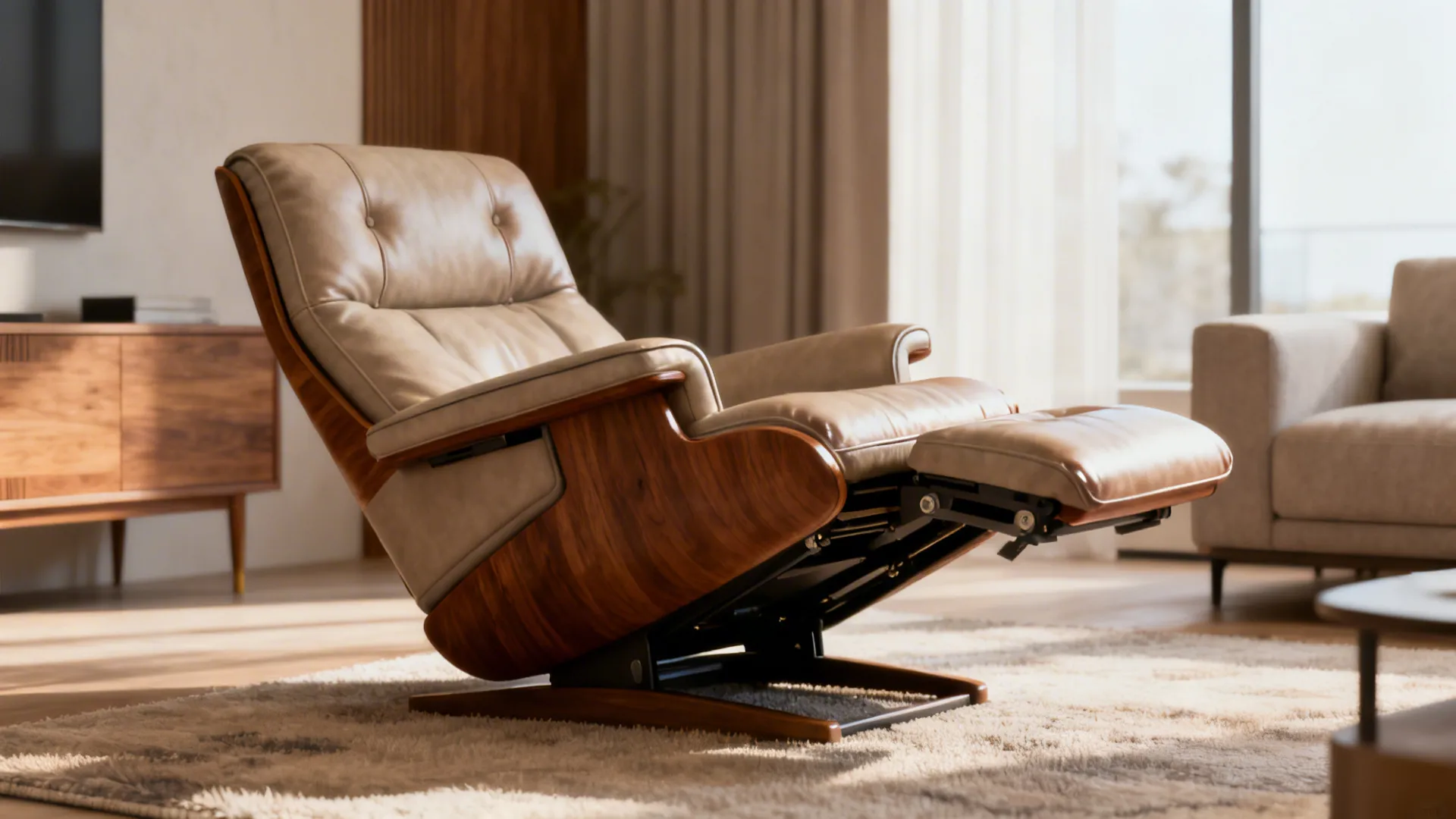 Modern mid-century recliner with adjustable lumbar support in a contemporary living room
