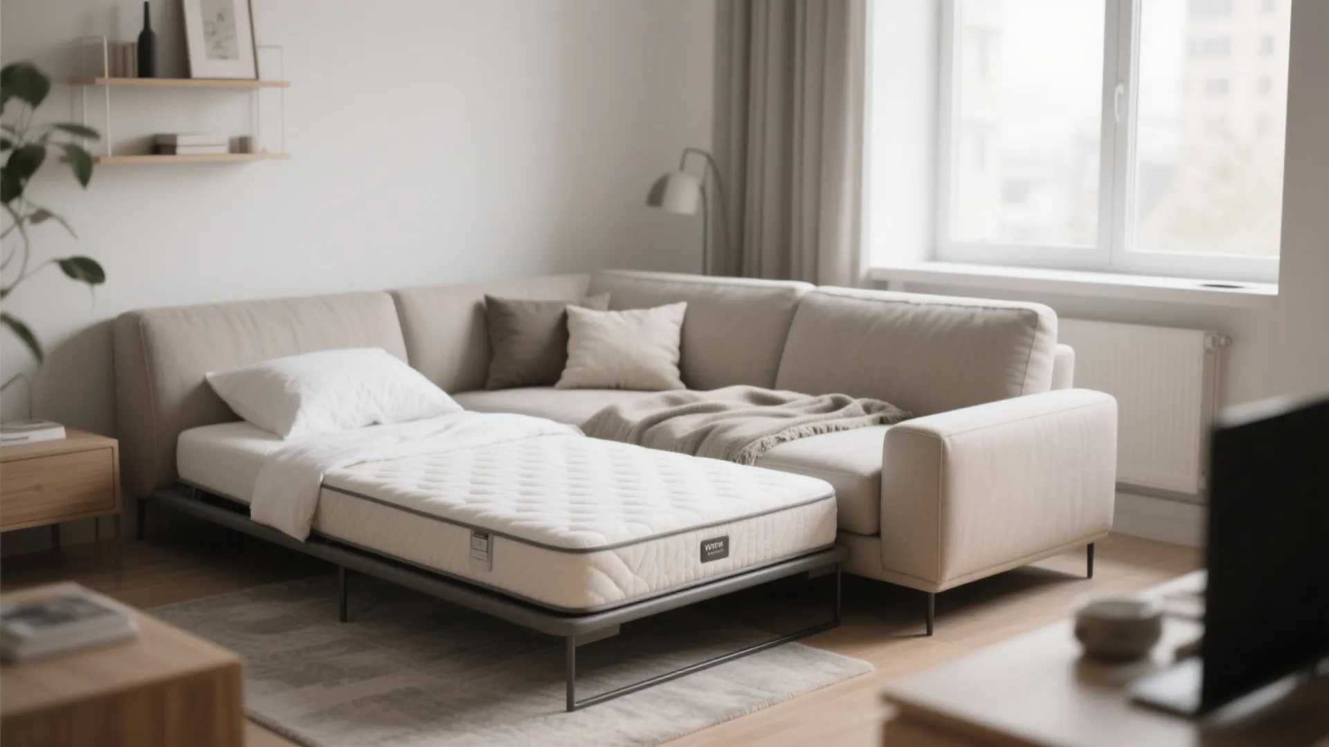 Modern cream sofa bed pulled out into a guest bed in a bright living room