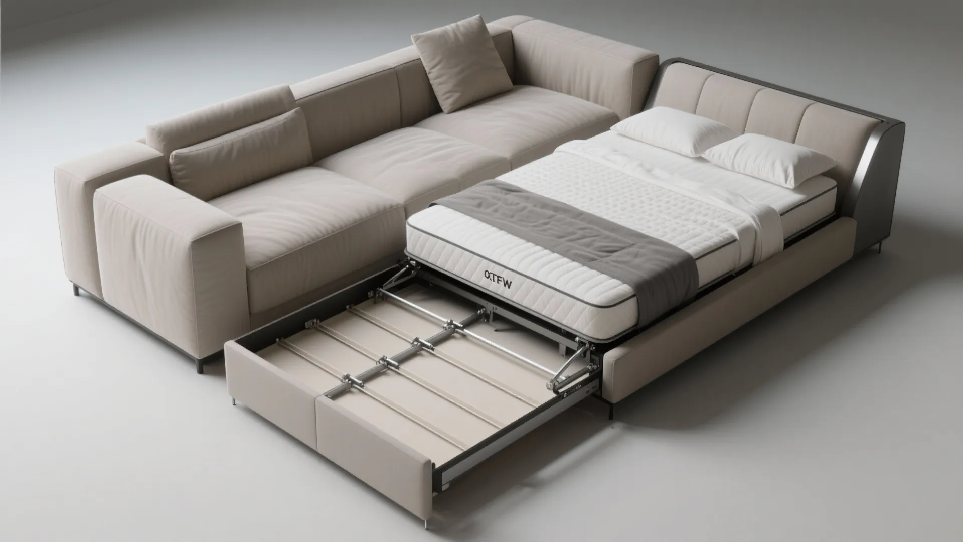 Functional beige sofa bed pulling out to show mattress and metal frame on white background