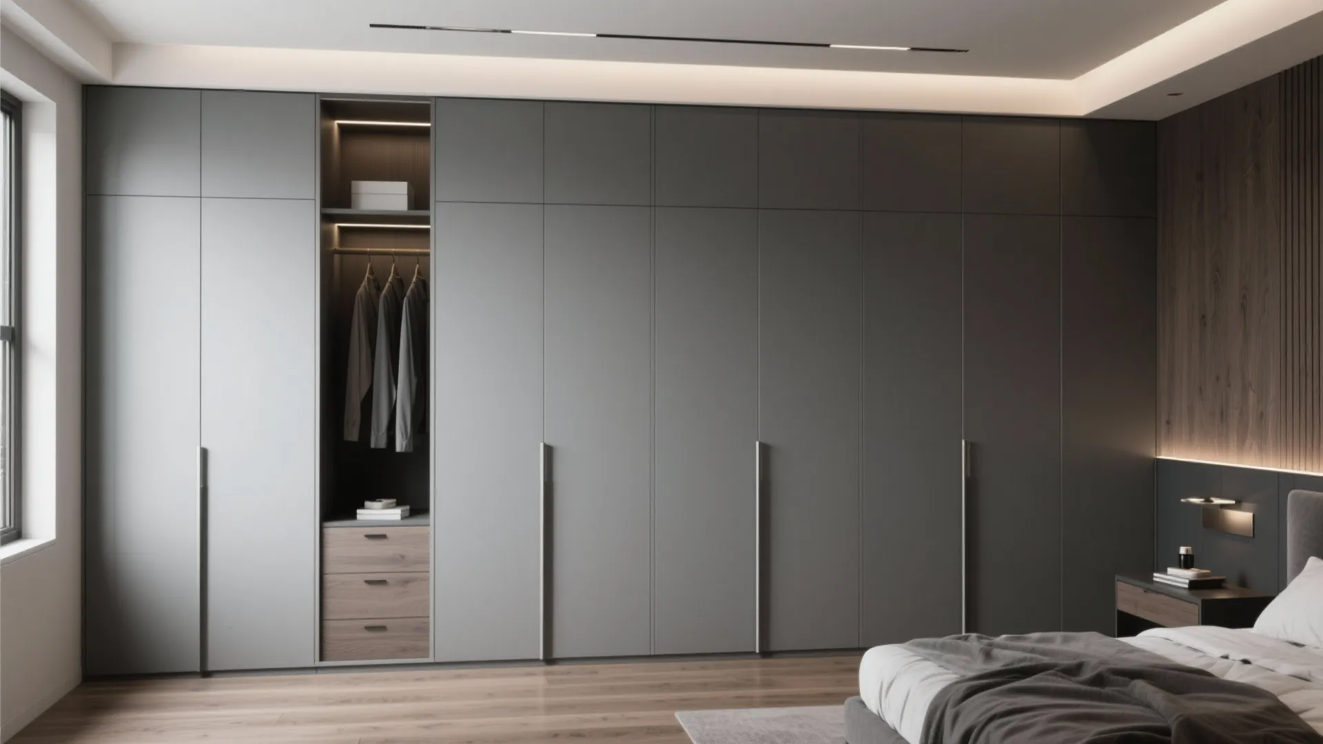 Large grey wall cabinet system with built in lighting and drawers in a modern bedroom
