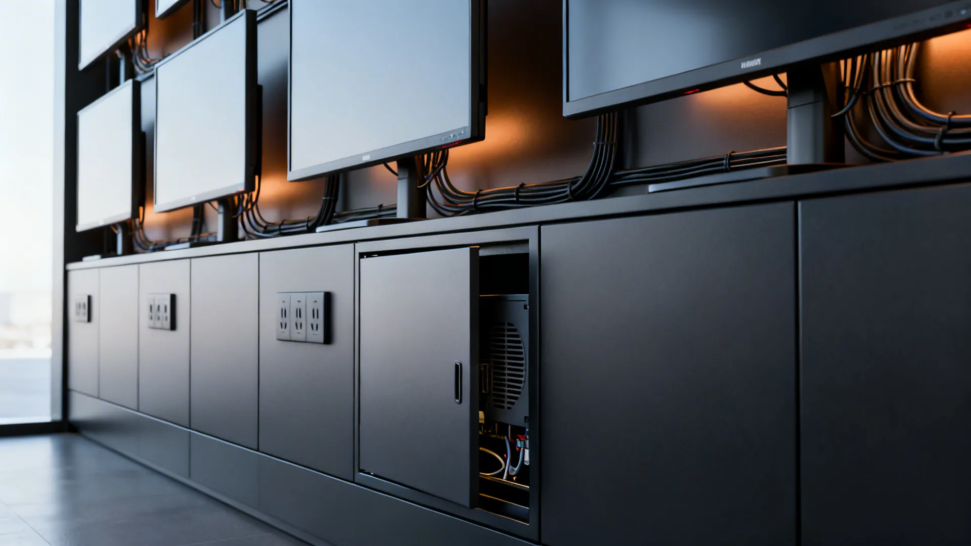 Close-up of a dark tech wall with hidden cable channels and recessed outlets.
