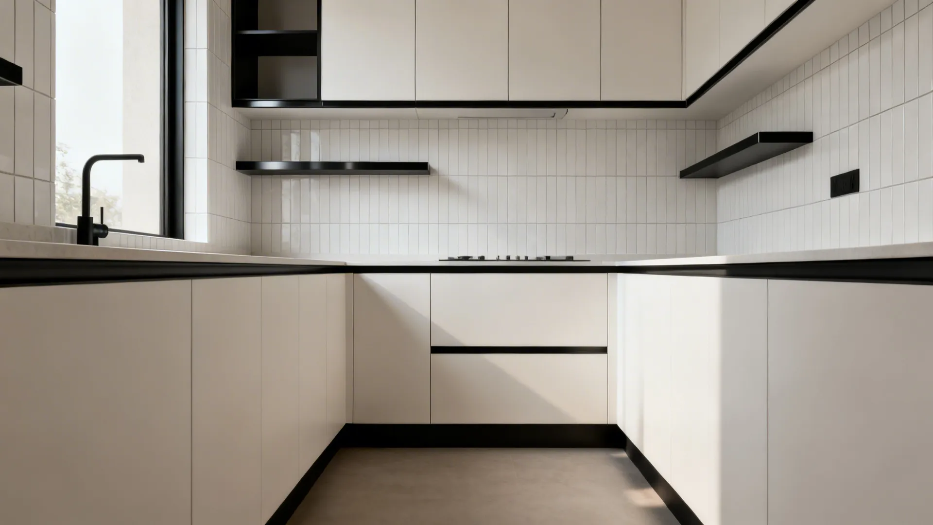 Small modern galley kitchen with slim black metal edge trims unifying backsplash and shelves.