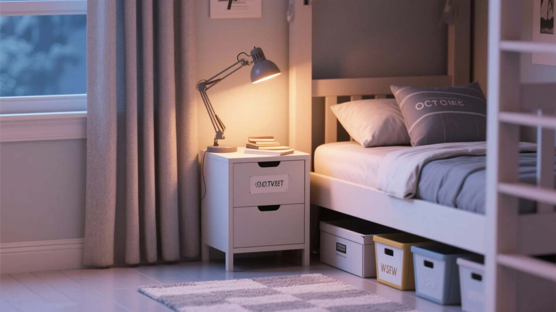 Cozy bedroom corner with white nightstand desk lamp grey curtain and storage boxes under the bed