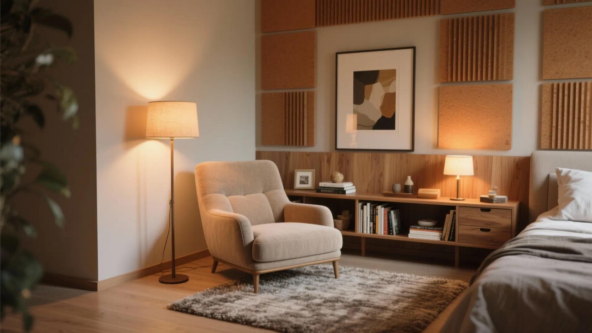 Cozy bedroom den corner with a deep armchair, low shelves, warm lamp, rug and acoustic panels.