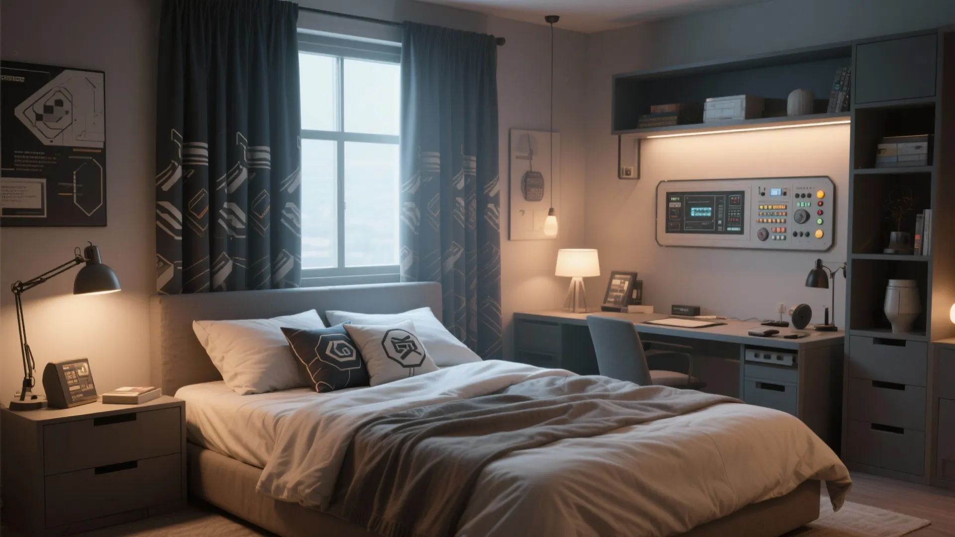 Sleep-focused bedroom layout with blackout curtains, control-panel lamp and subtle themed cushions.