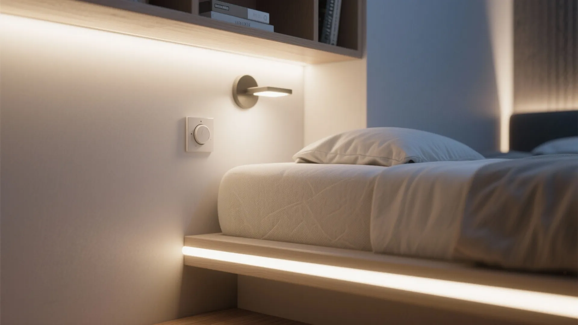 Close-up of layered lighting and mattress edge in a small bedroom corner illustrating sleep-friendly lighting choices.