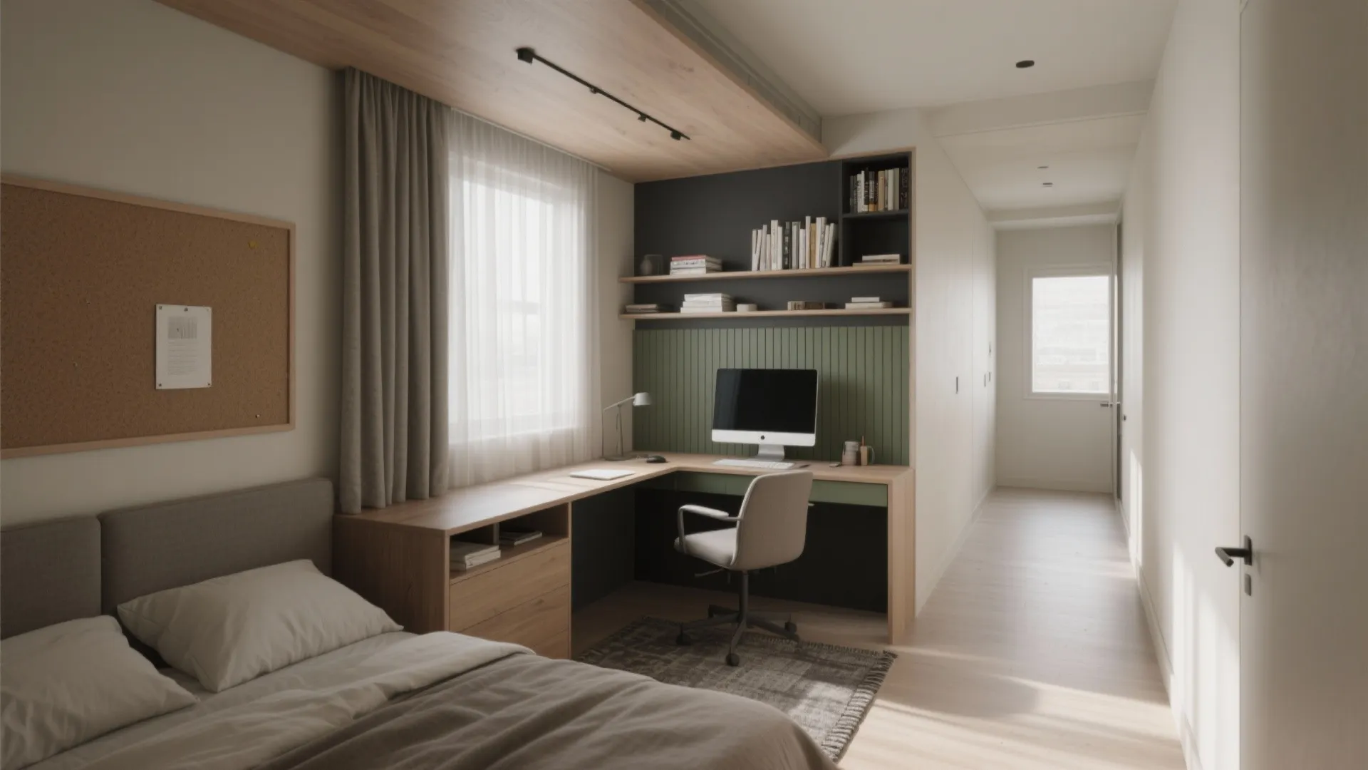 Compact bedroom featuring corner desk with computer, shelving unit, grey bed, and long hallway view