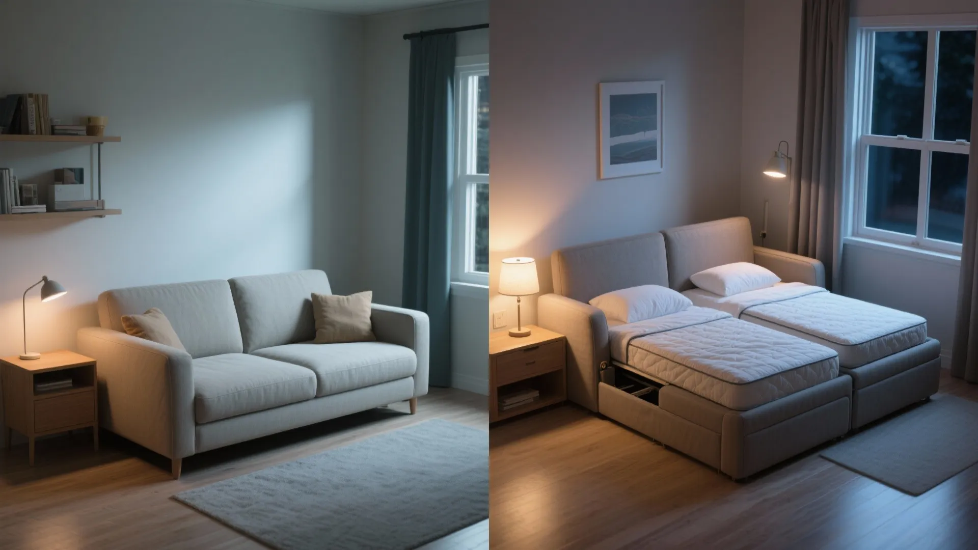 Before and after comparison of a light grey sofa transforming into two twin sized guest beds
