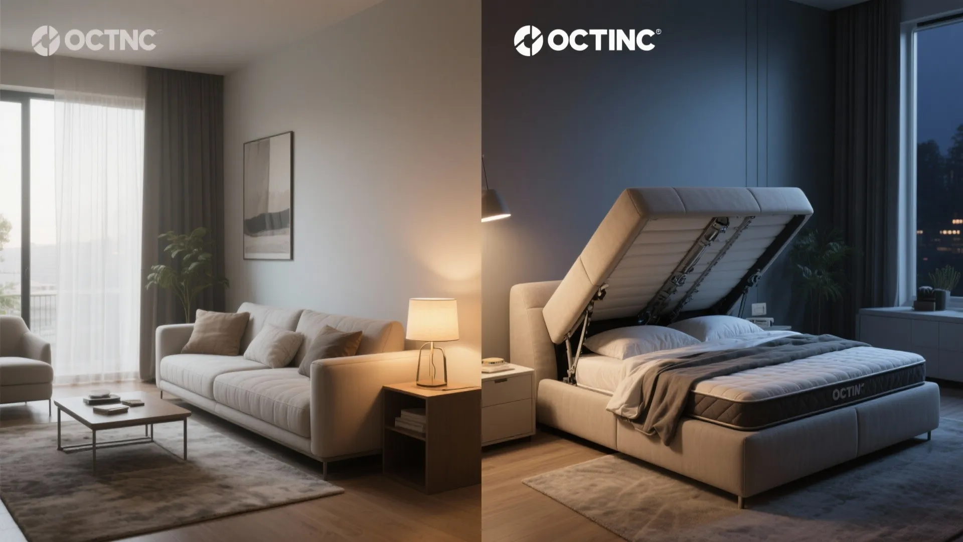Comparison showing a living room with sofa next to a bedroom with a storage bed