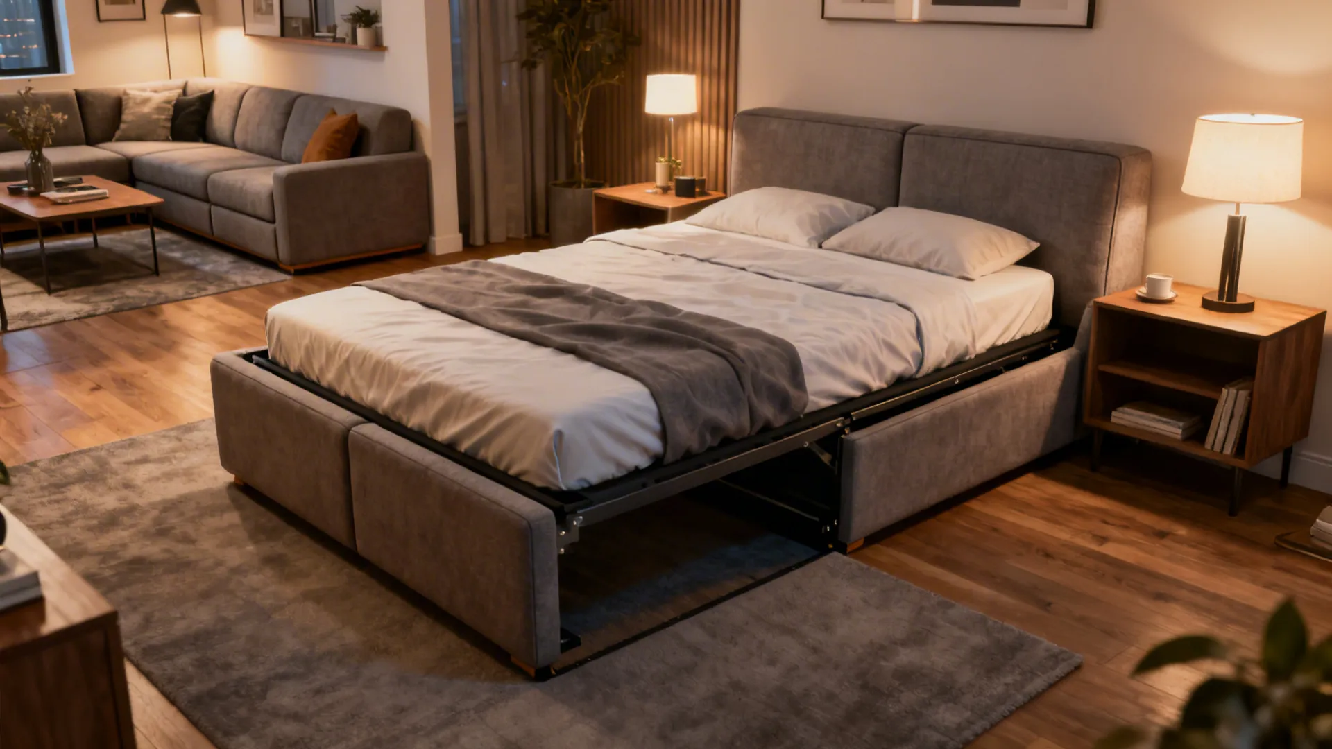 Modular sofa converted into a sleeper bed in a studio apartment, before and after view.