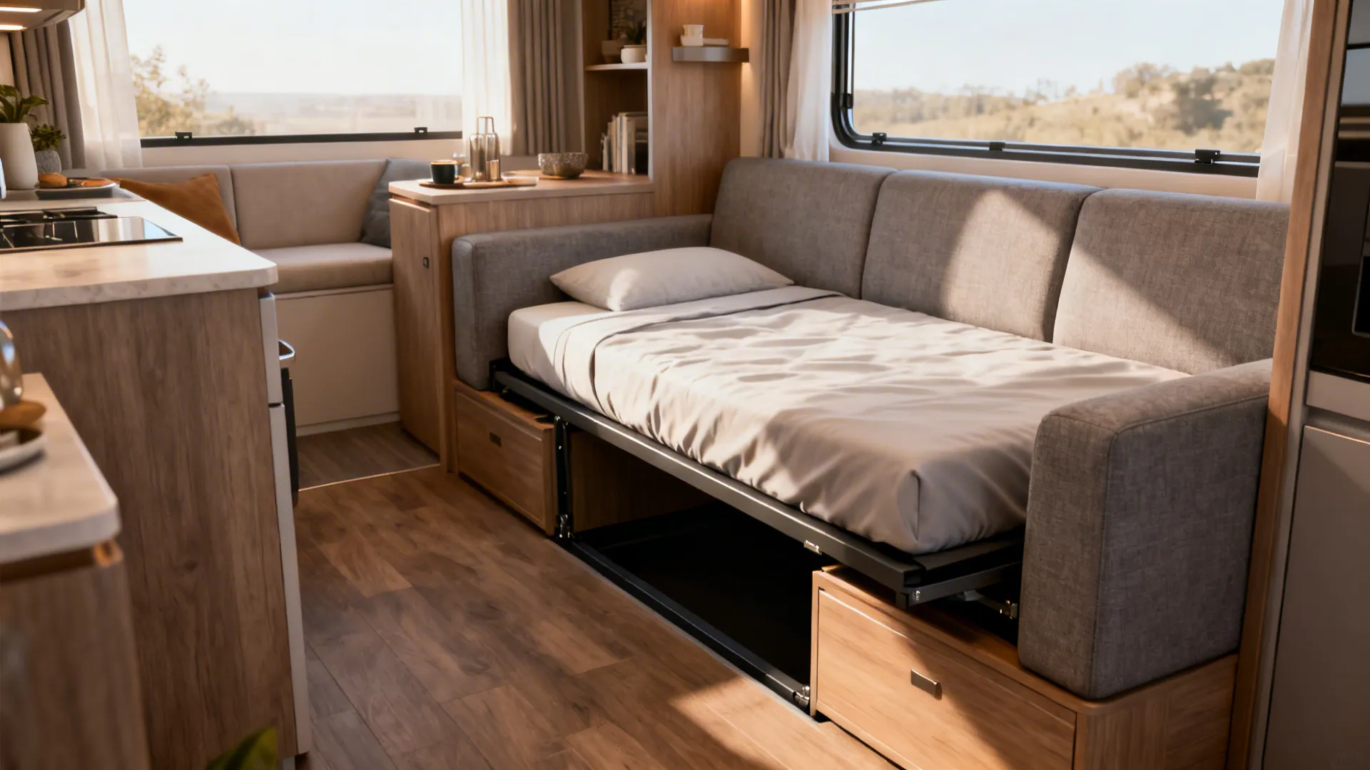 Before and after view showing a fold-out sleeper loveseat converted into a bed in a compact living room