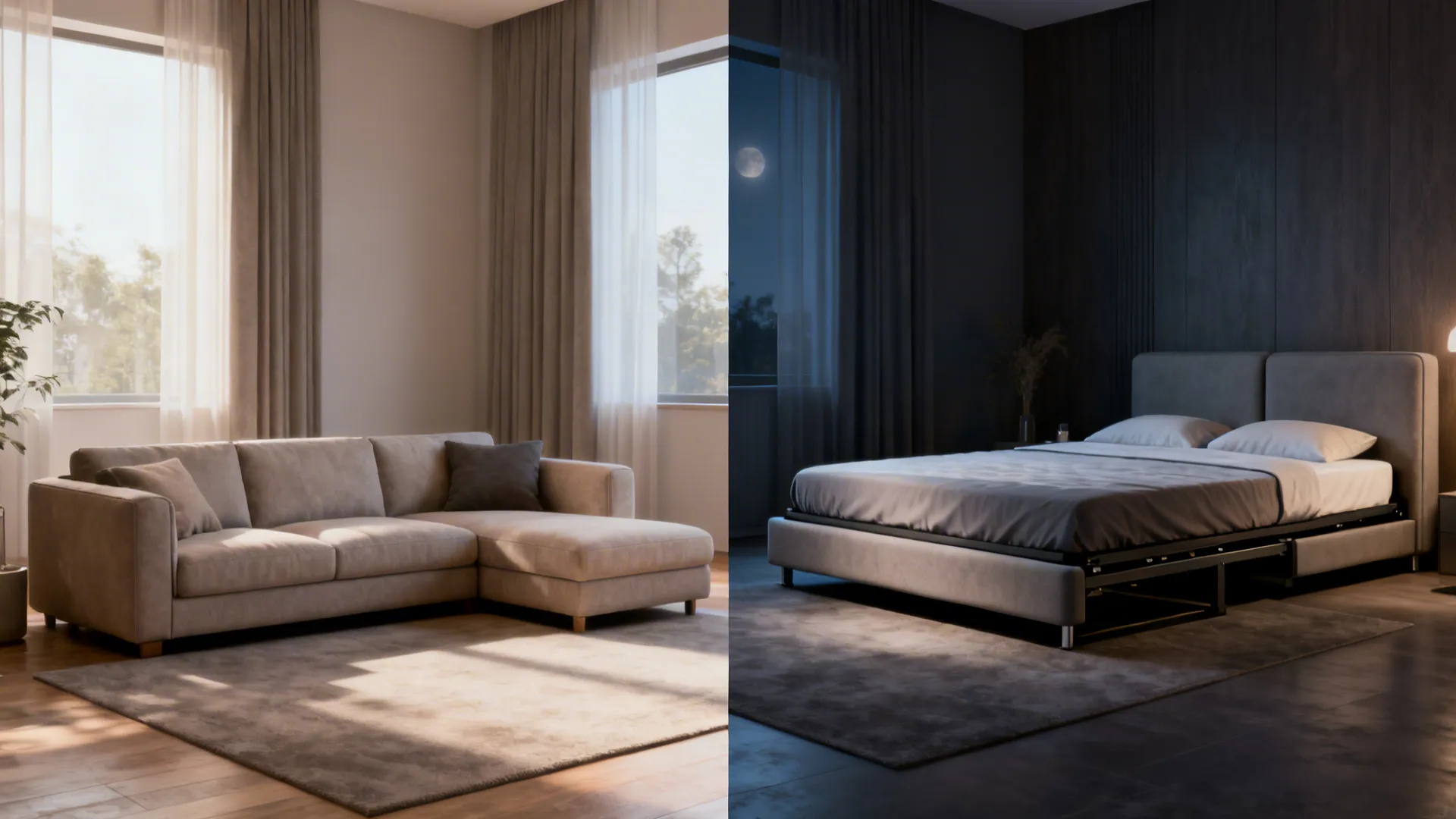 Before-and-after of a studio showing a sleeper sectional folded as sofa and unfolded as bed.