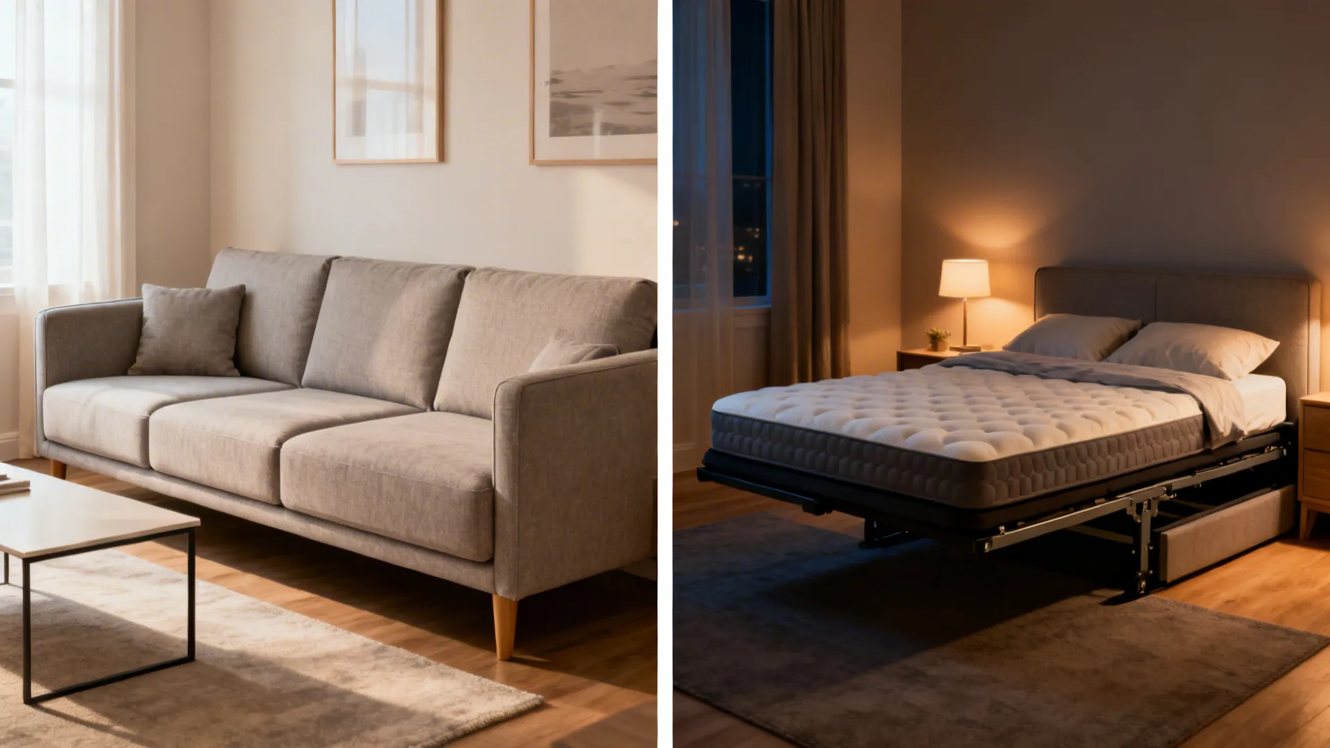 Sleeper sofa shown as a daytime sofa and a nighttime pull-out bed in a small room.