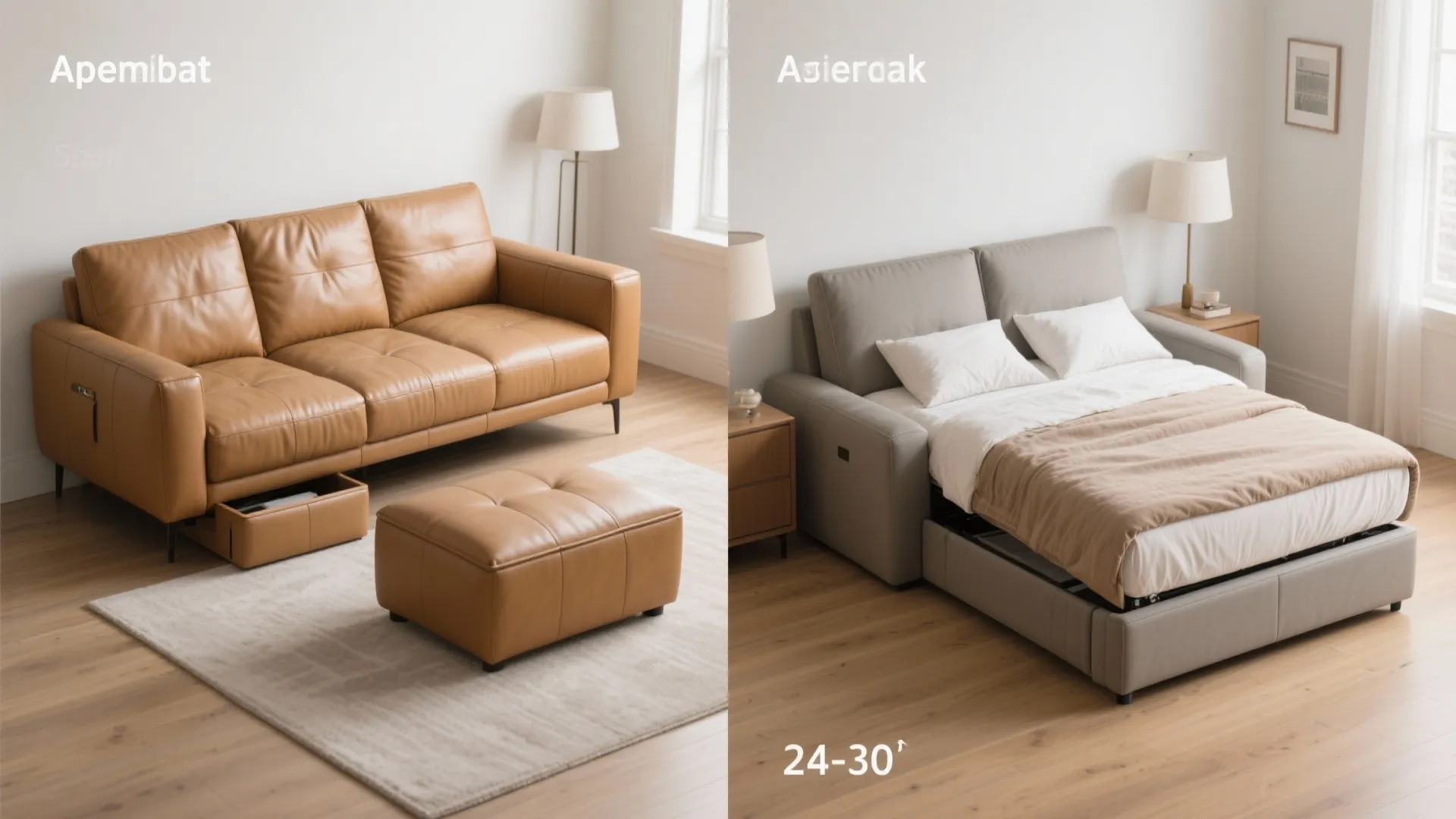 Before and after comparison of a brown leather sofa versus a grey pull out bed