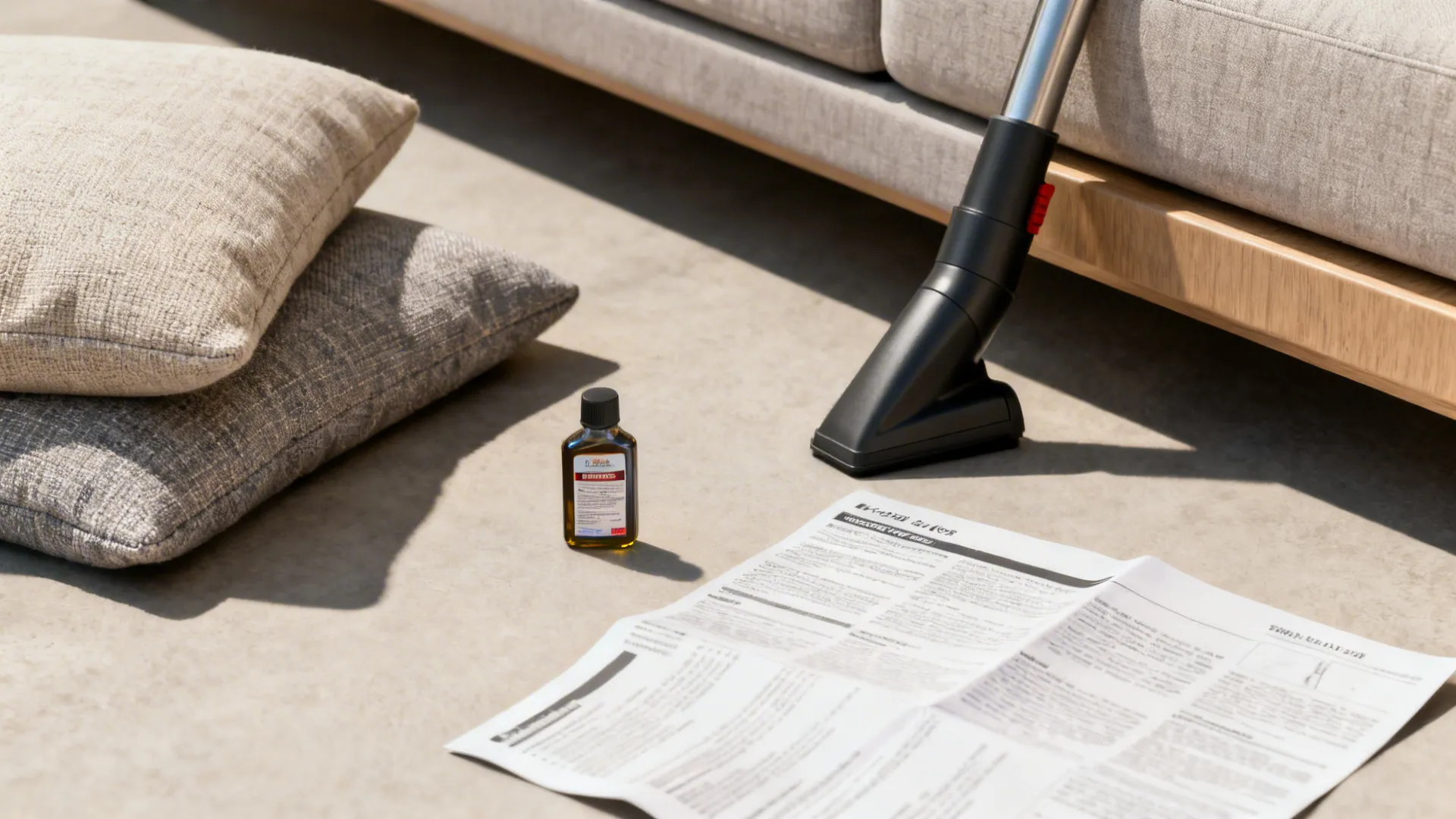 Care items for maintaining a sleeper sofa: removable covers, vacuum nozzle, lubricant and manual.
