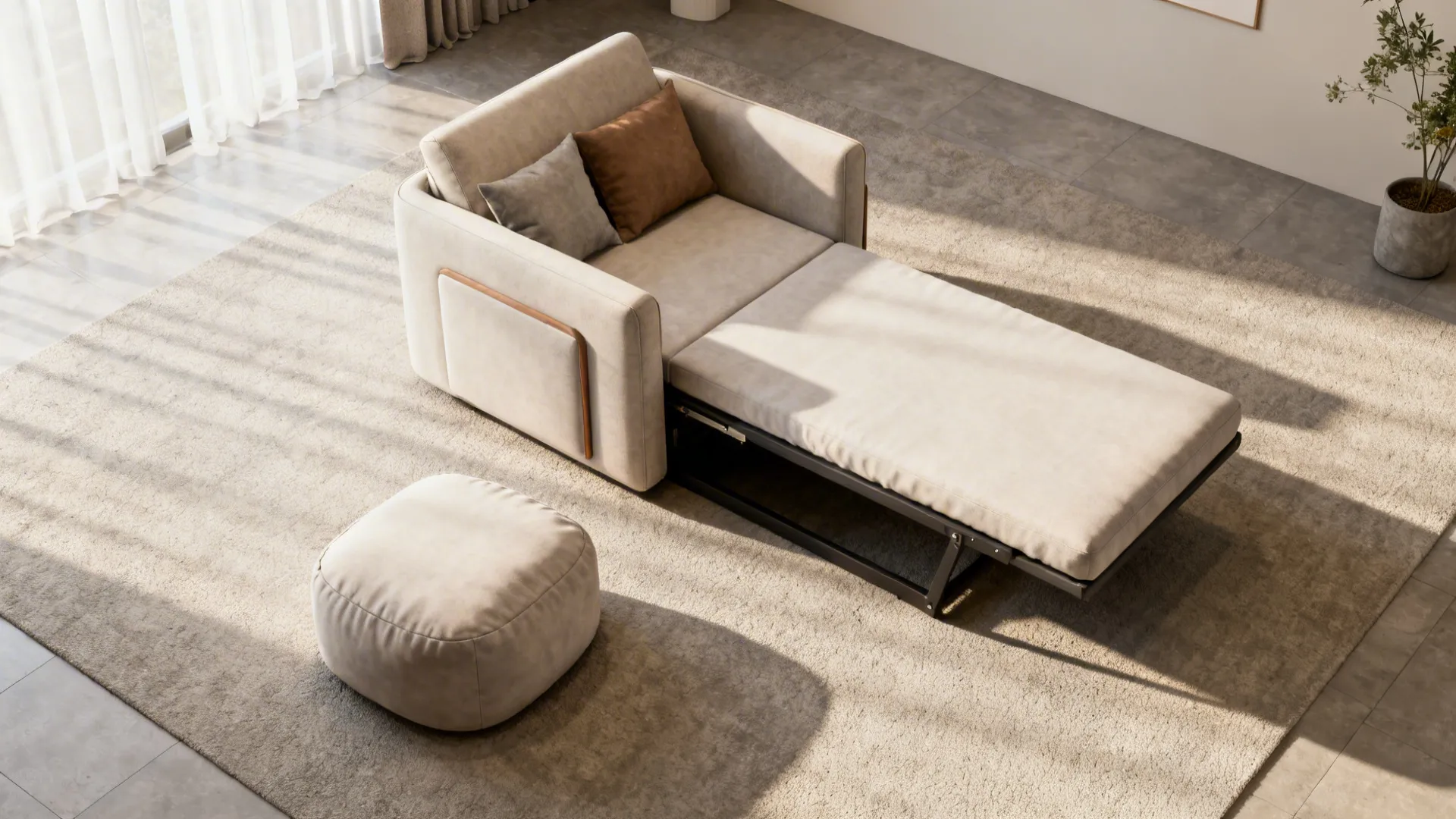 Top-down layout mockup of a compact sofa, sleeper chair and pouf ottoman configured for guests