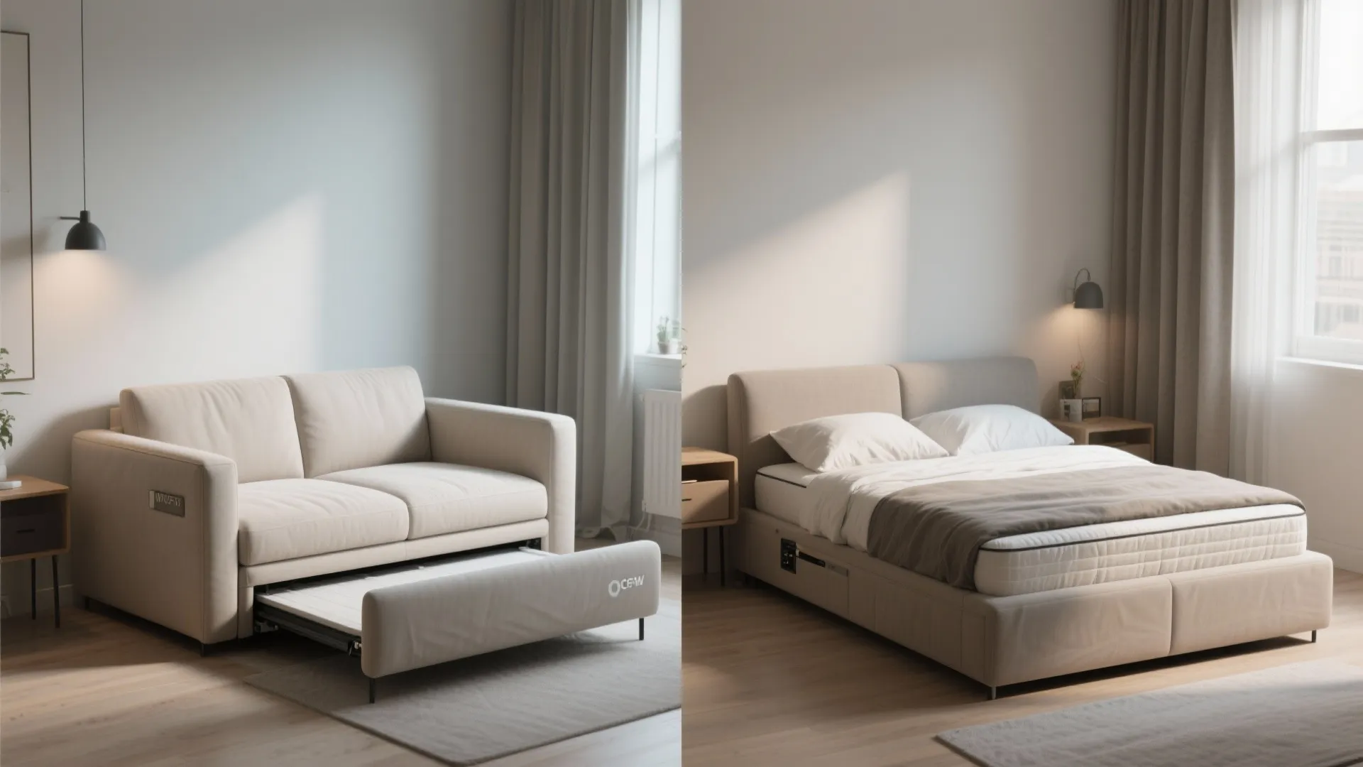 Before and after comparison of a beige sofa converting into a comfortable bed in the bedroom
