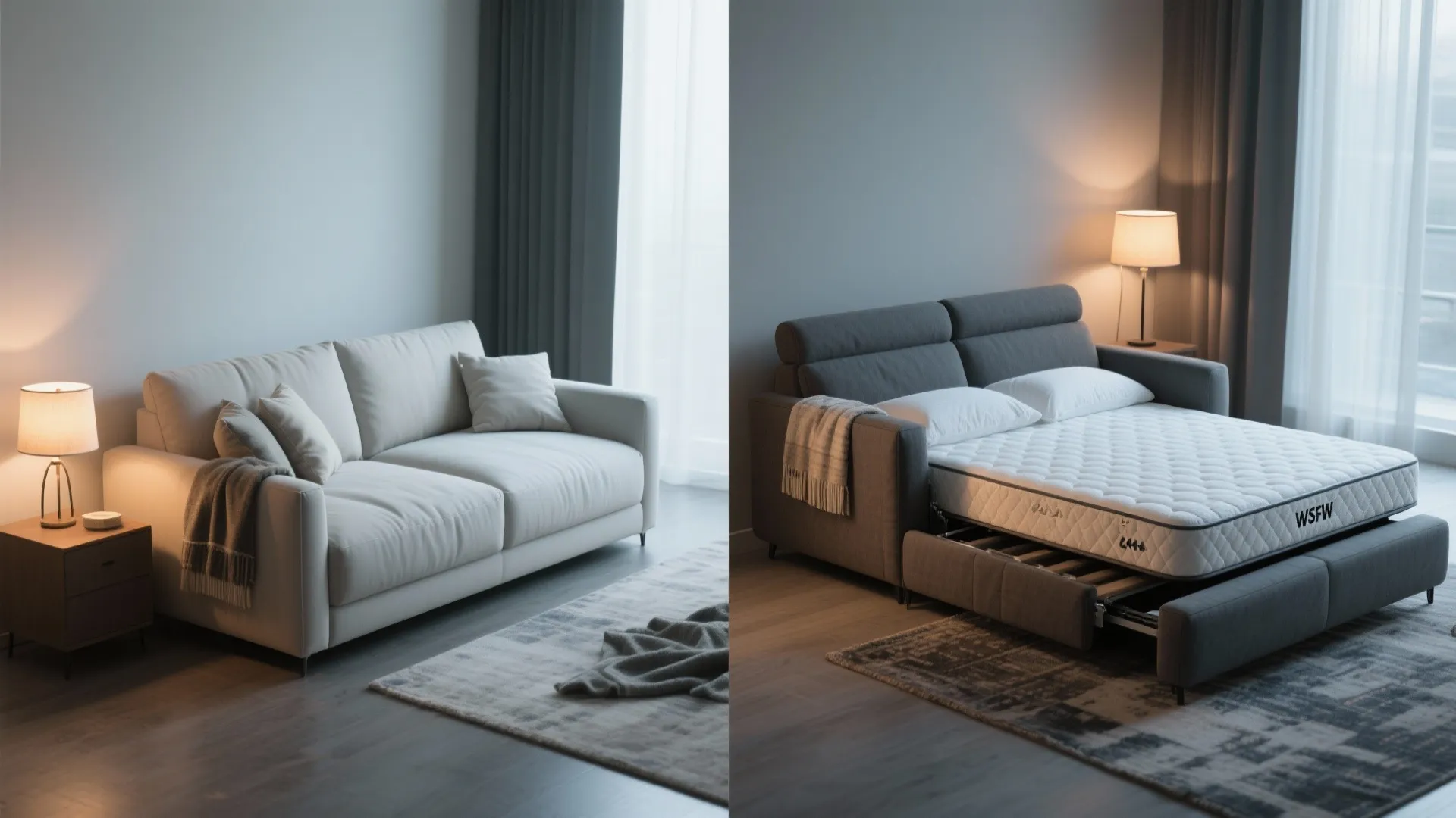 Before and after comparison of a white sofa versus a grey pull out sofa bed