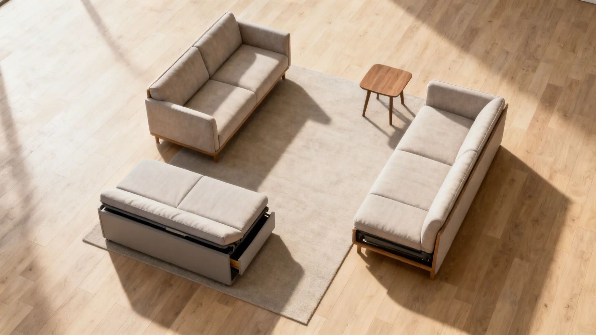 Overhead view showing closed and open sleeper sofa footprints with clear pathways.