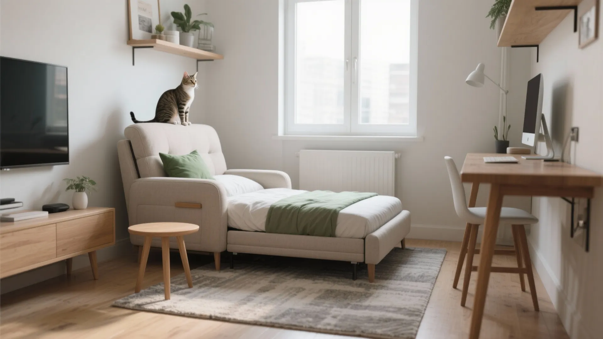 Small home office with sofa bed wooden desk cat on chair and large window with light