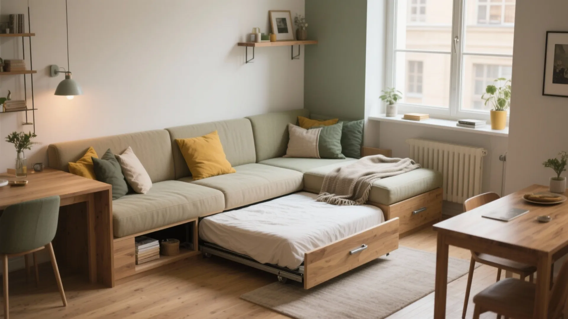 Green corner sofa with pull out bed in a bright room featuring wooden floor furniture