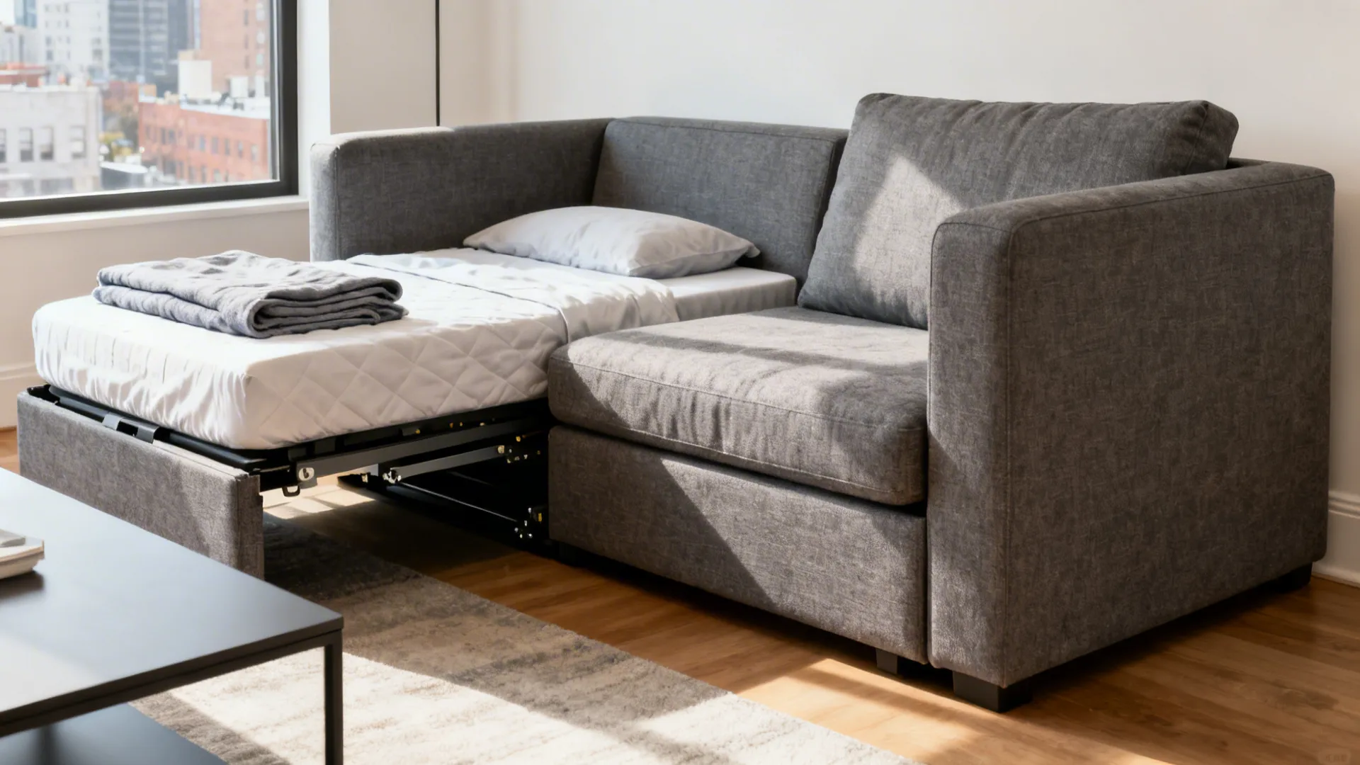 Sleeper loveseat and convertible sofa in a small urban living room, showing multifunctional setup for guests.