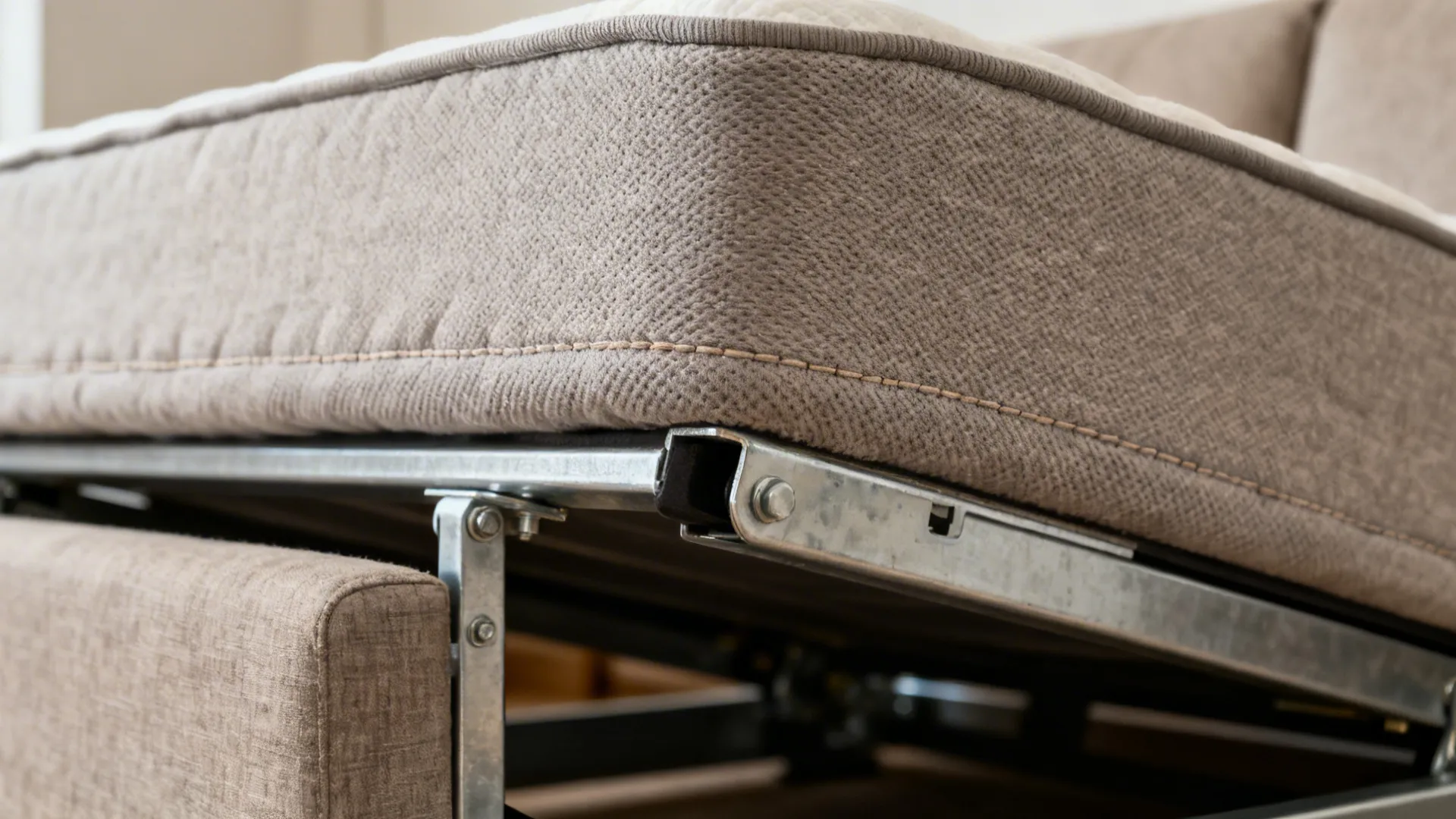 Macro of sleeper sofa mechanism and memory foam mattress edge with knit cover.