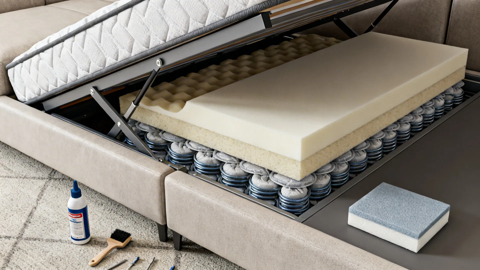 Close-up of a sleeper sofa mechanism and a mattress cross-section showing pocket-coil and memory foam layers.