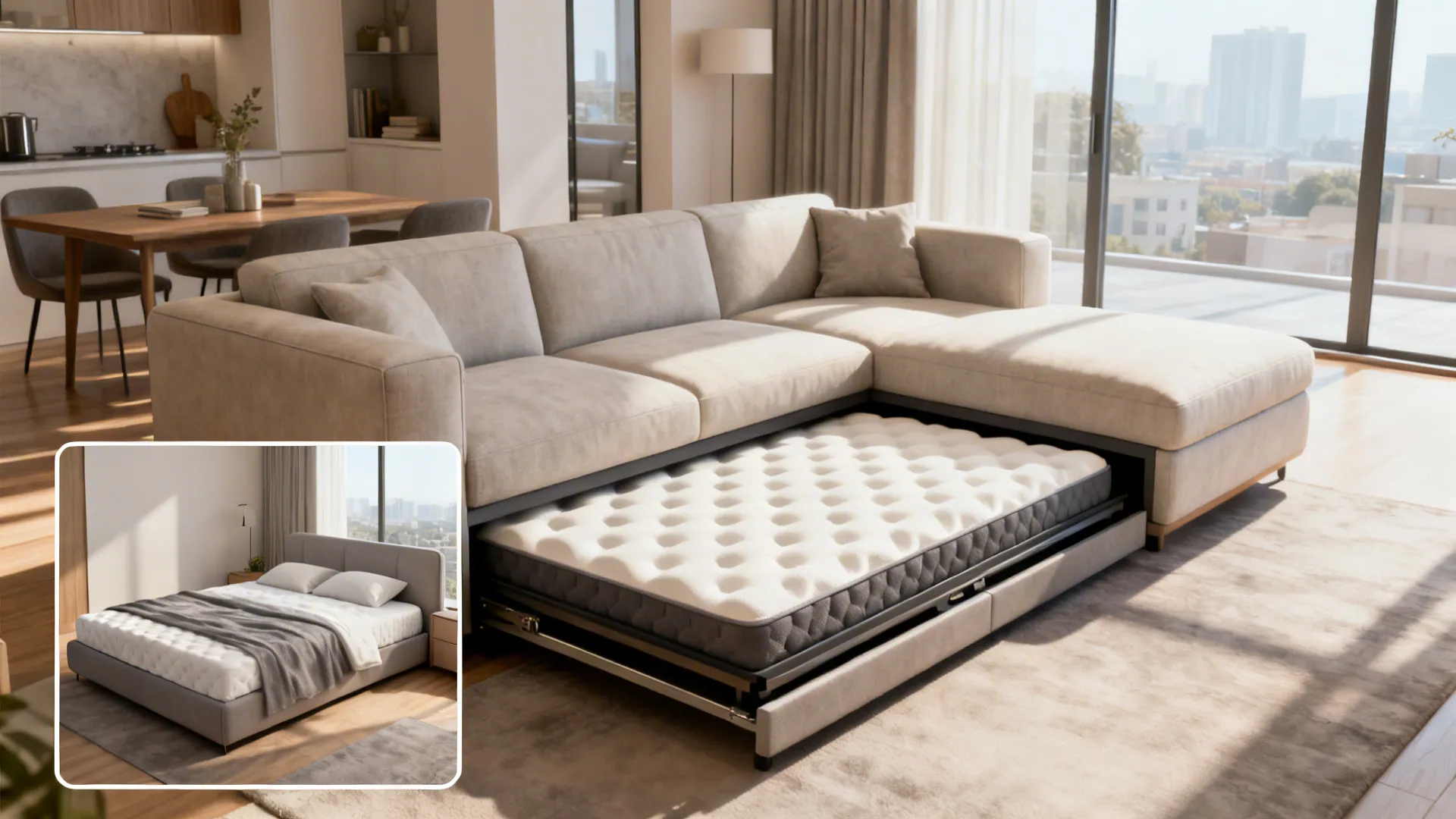 Modern sleeper sofa shown as daytime couch and pulled-out bed in a compact studio apartment.