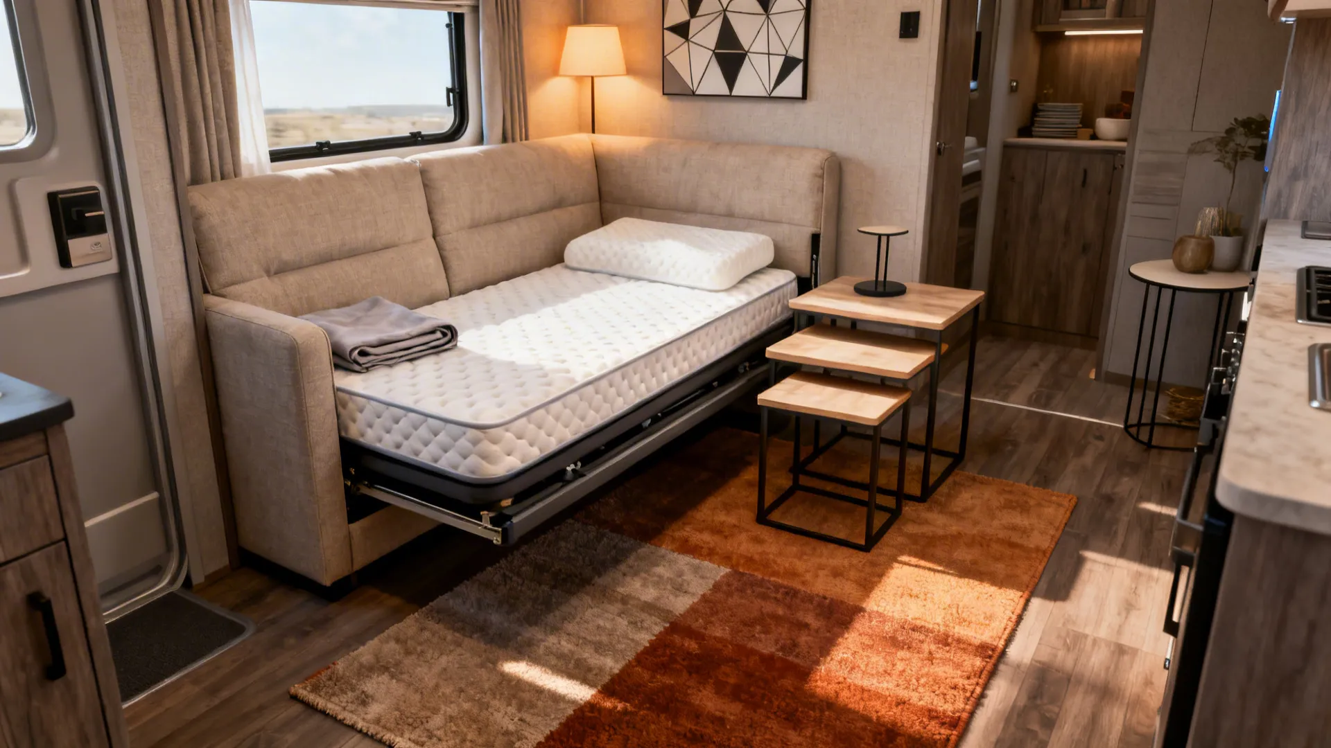 Compact sleeper sofa and nesting tables in a mobile-home living room.