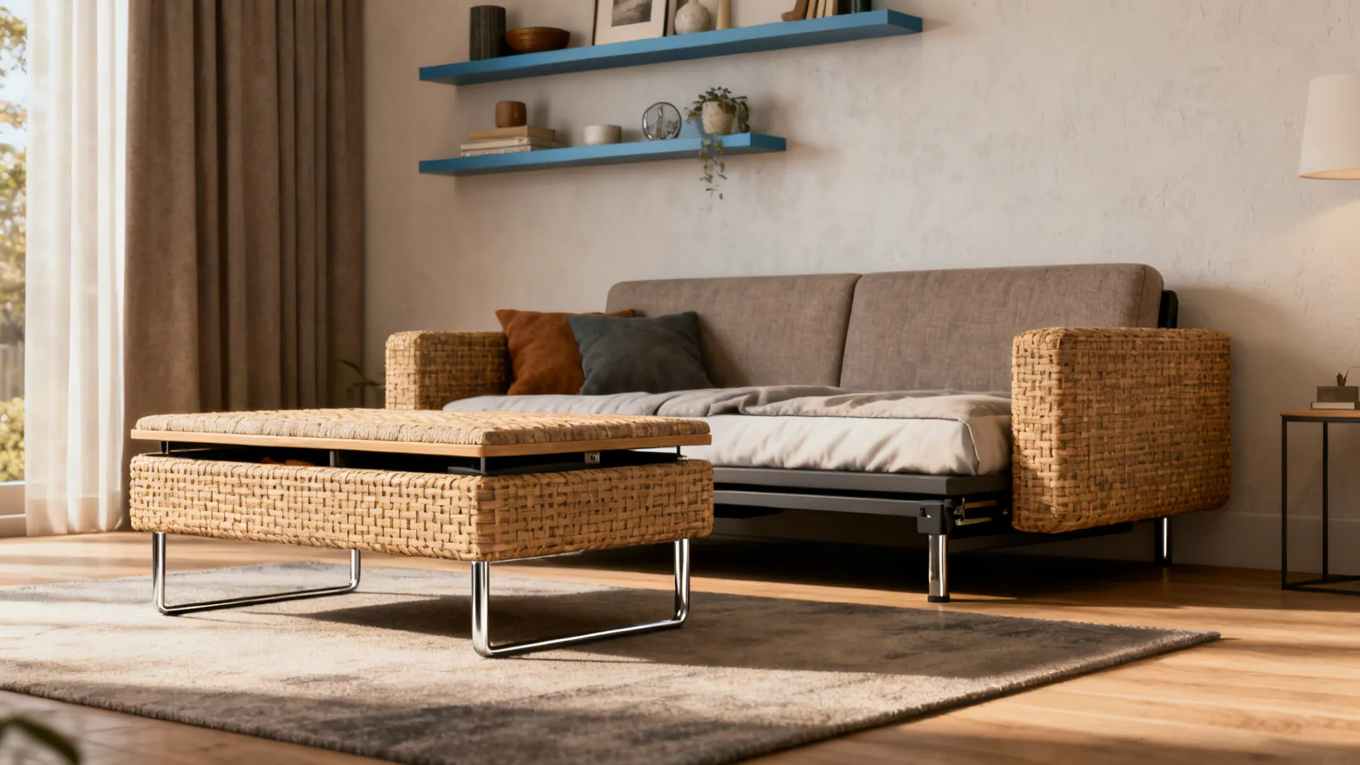 Convertible sleeper sofa with an ottoman and wall-mounted shelving in a small living room optimized for guests.