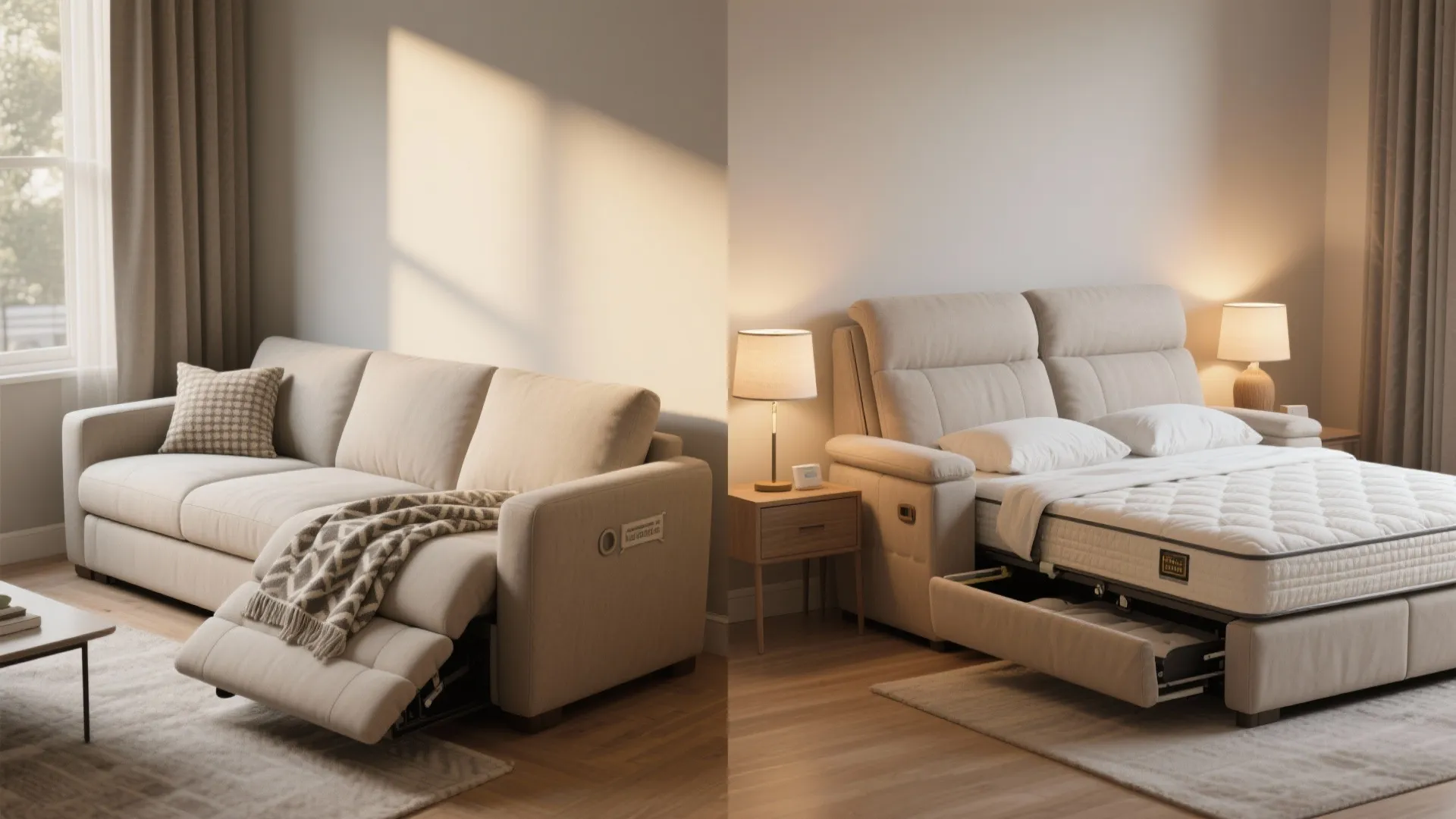 Side by side view showing a cream sofa recliner and a pull out sleeper sofa