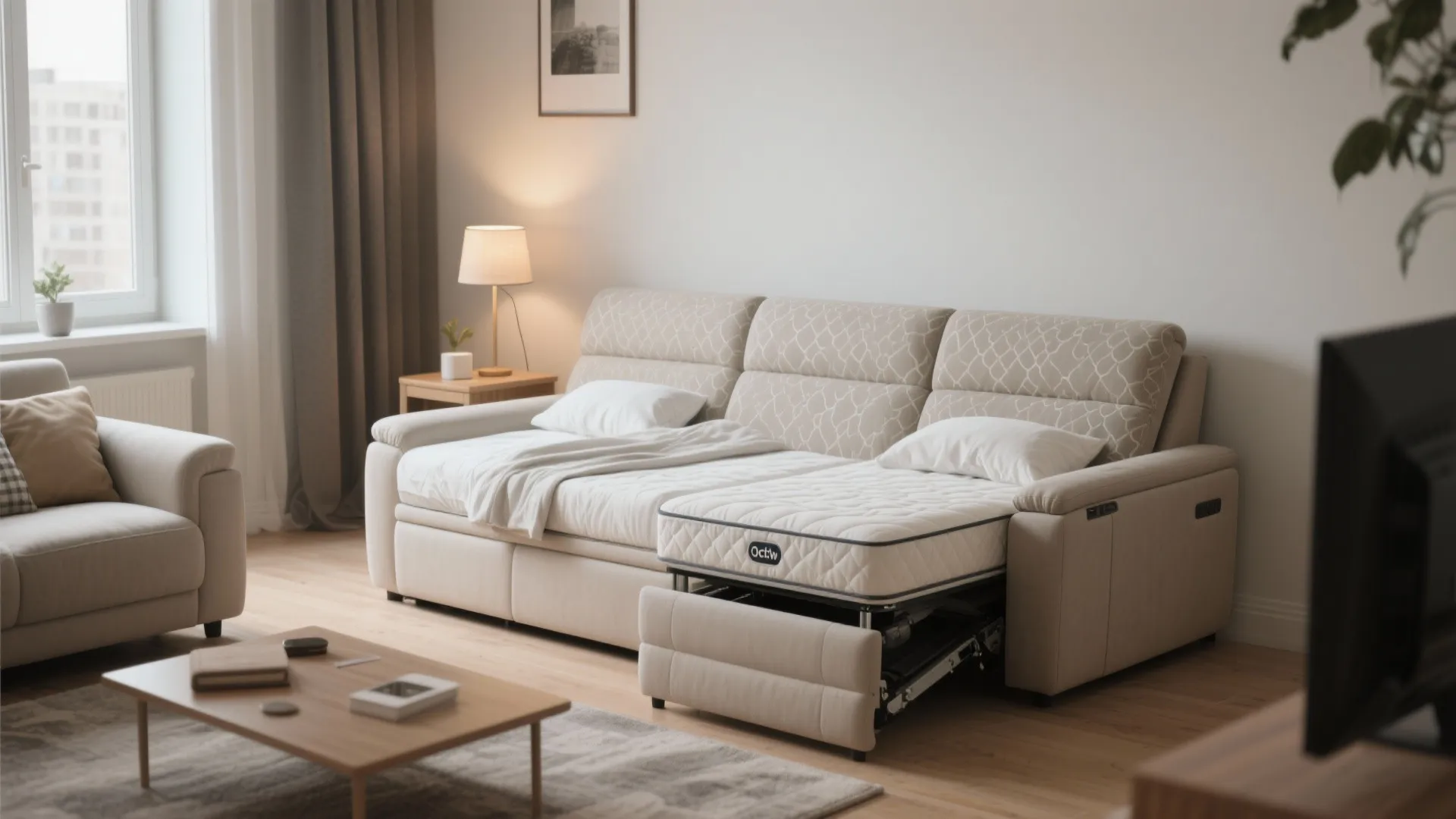 Modern beige sofa bed with pull out mattress in a bright living room with wooden furniture