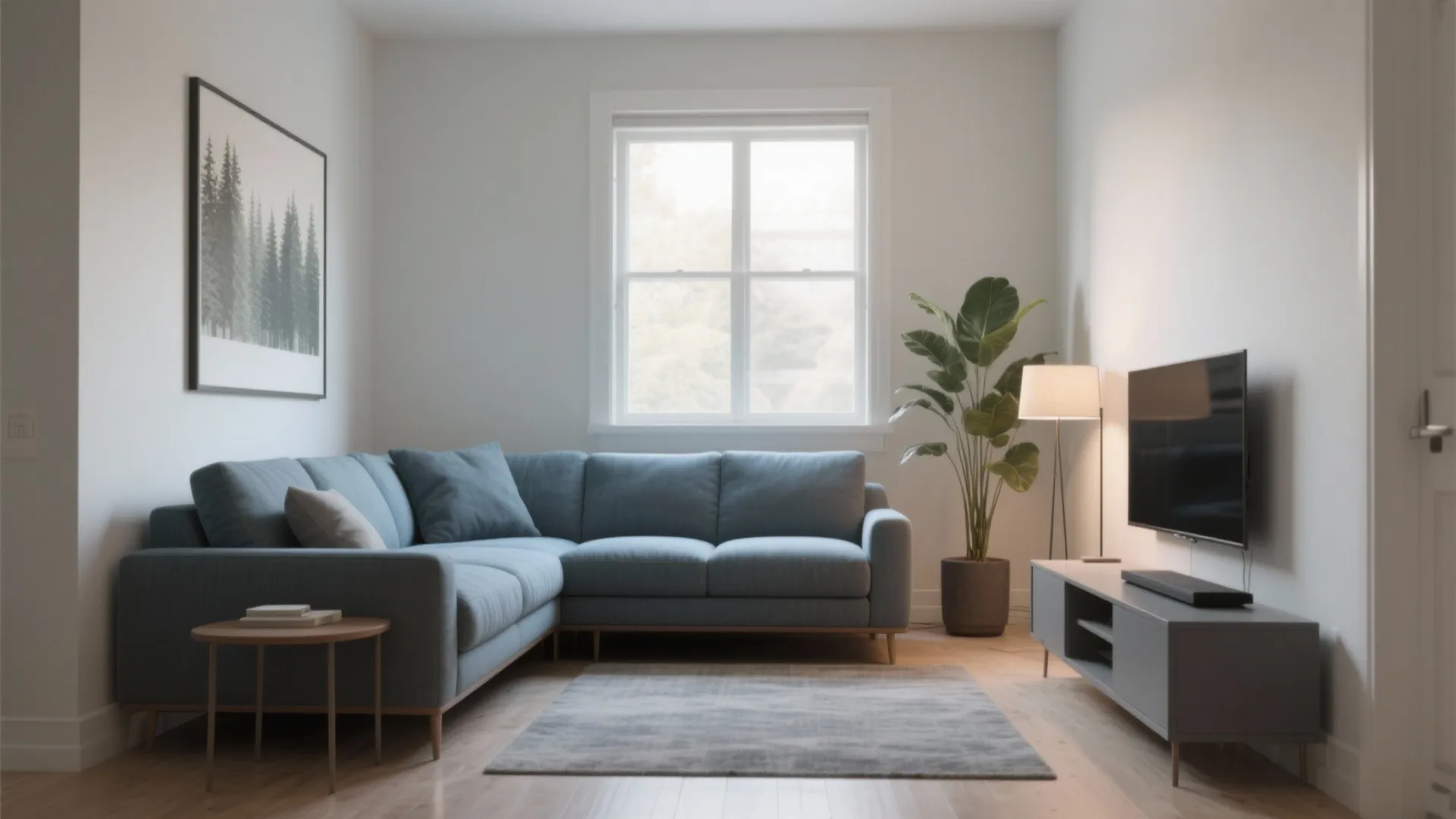 Modern living room with blue corner sofa wooden floor television stand floor lamp and potted plant