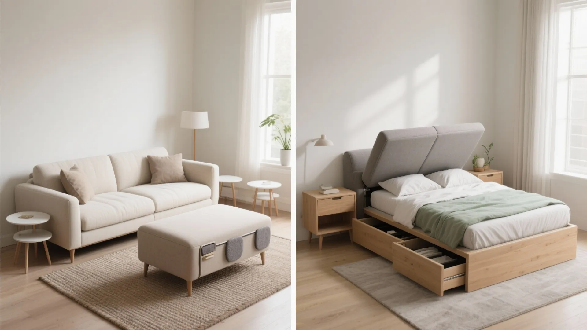 Storage-forward set: sleeper sofa + storage ottoman or nesting tables