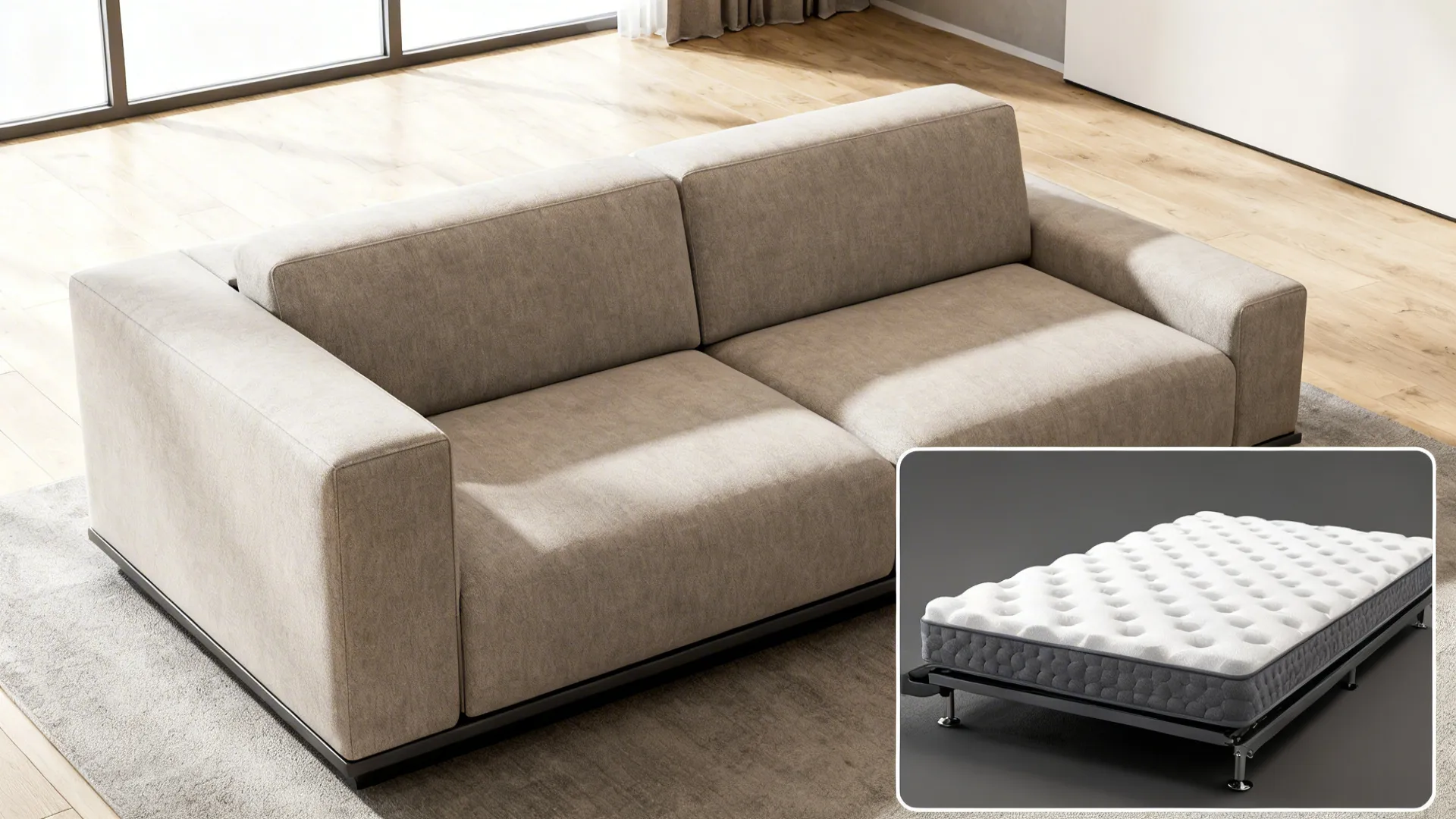 Modern sleeper sofa shown both as a daytime sofa and unfolded into a bed to demonstrate dual purpose.