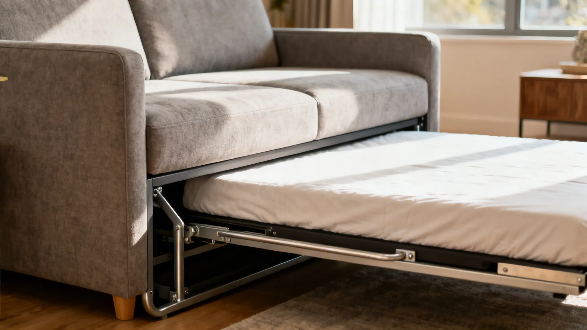 Small living room with a modern sleeper sofa shown in multifunctional setup