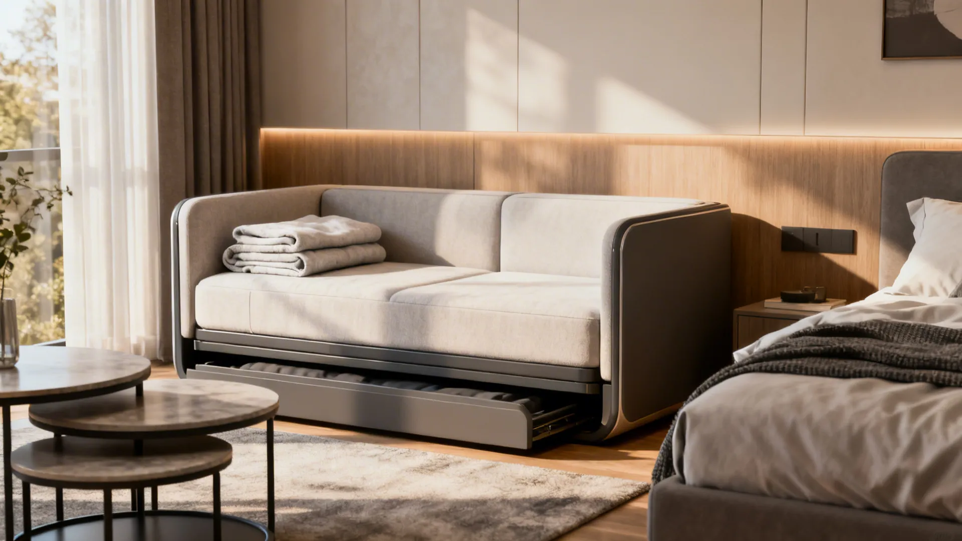 Studio layout with a sleek sleeper sofa and nesting tables tucked neatly to save space.