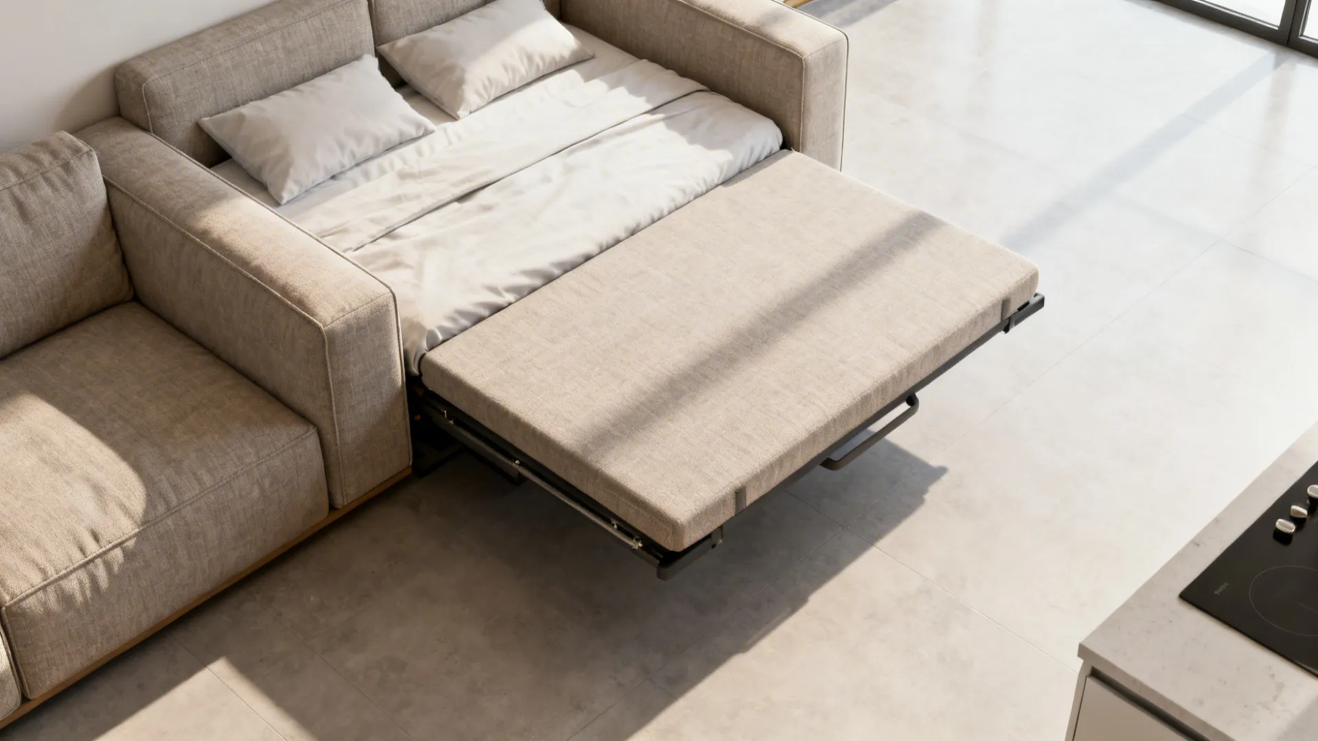 Top-down view of a sleeper sofa unfolded in a studio showing required clearance and layout.