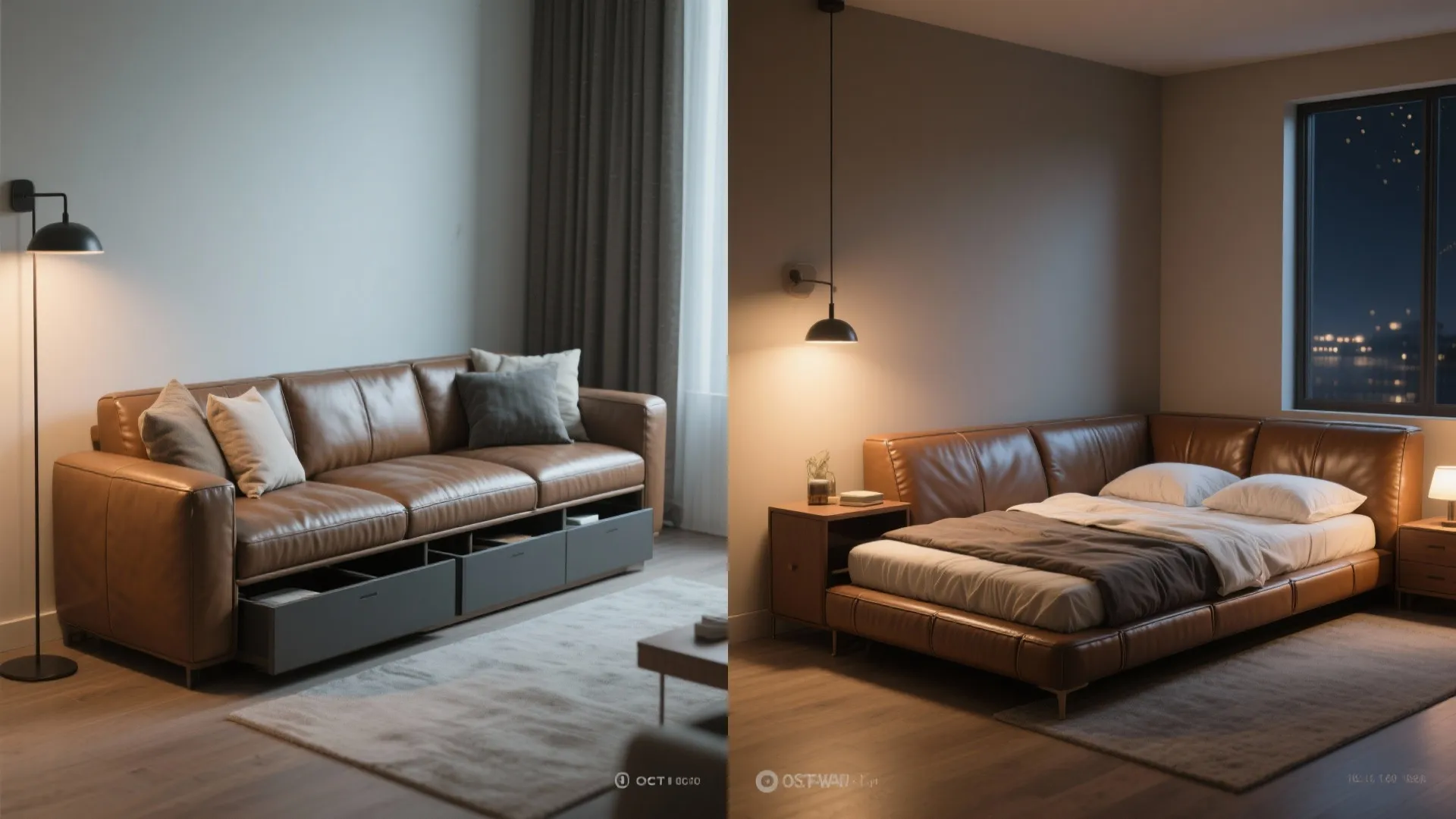 Brown leather sofa with storage drawers shown beside the same sofa converted into a bed