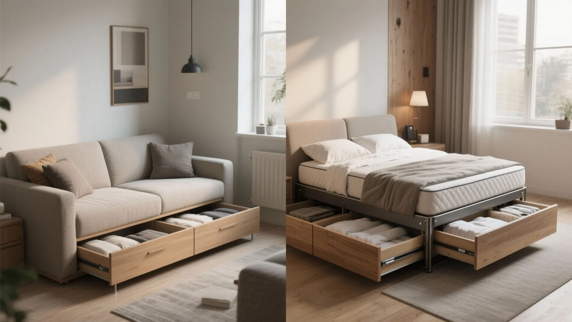 Side by side view showing a sofa and a bed both with wooden storage drawers
