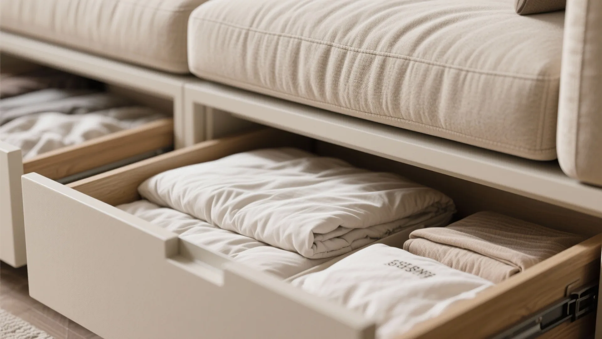 Built-in storage drawer under sleeper sofa with bedding