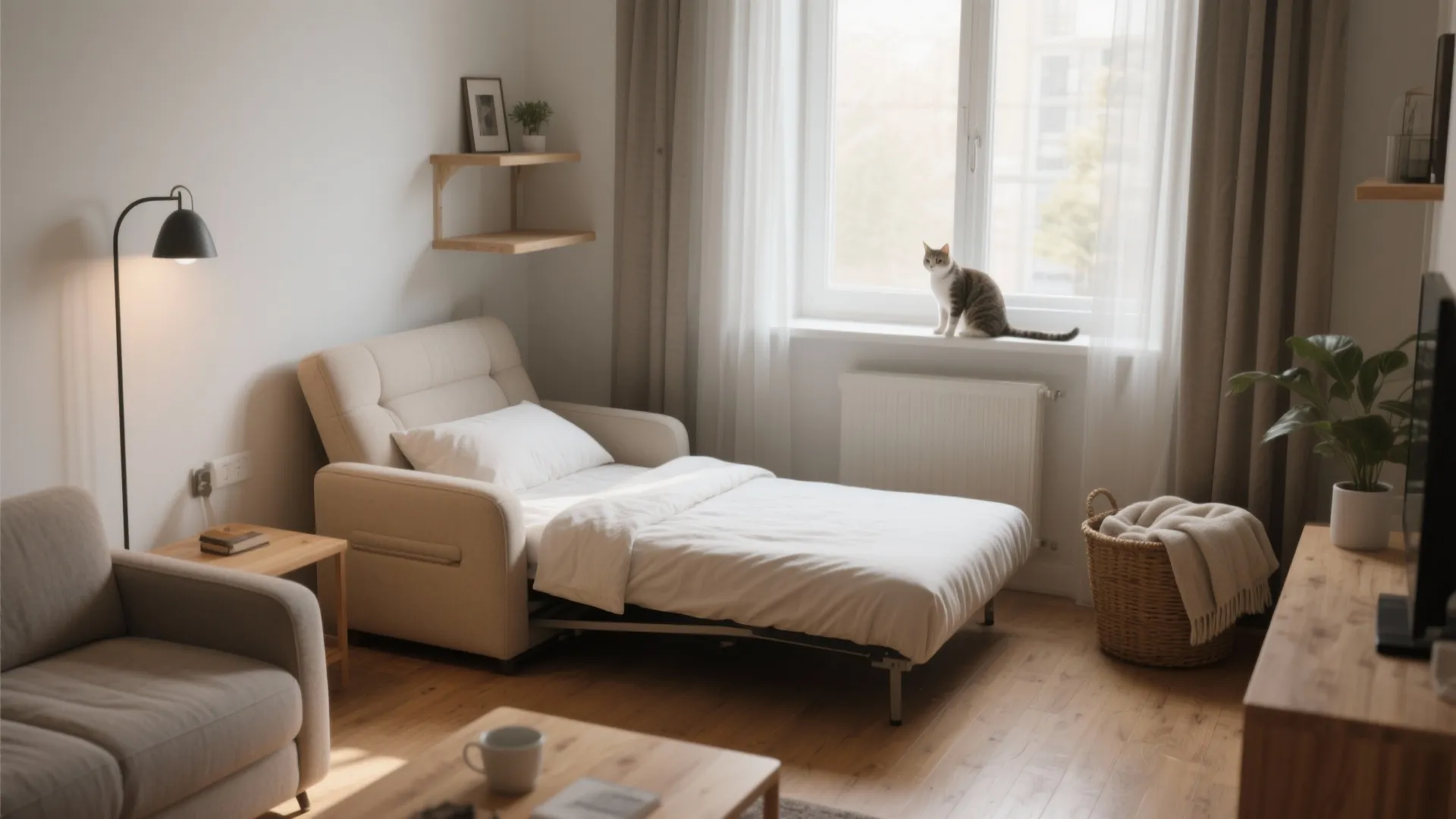 Small studio apartment with extended sofa bed floor lamp and cat sitting on the window sill