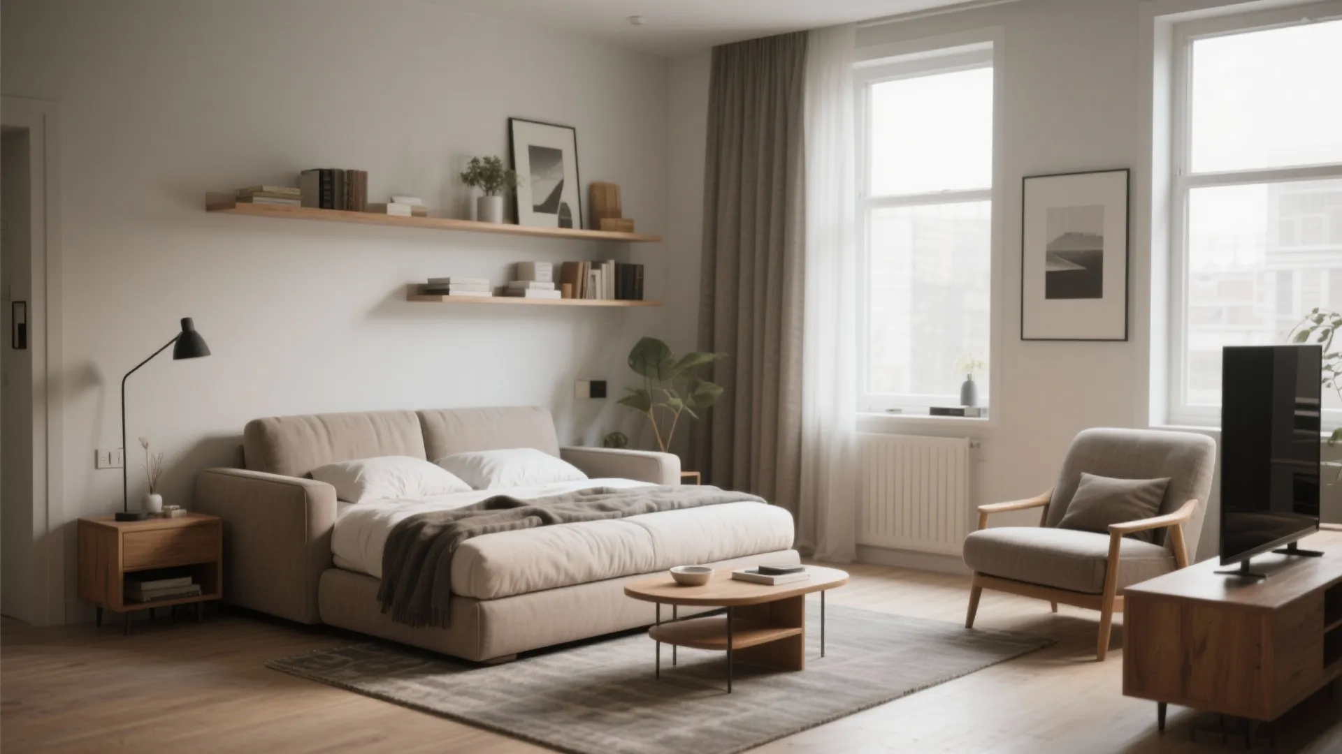 5. Sleeper Sofa + Club Chair + Nesting Tables + Floating Shelves