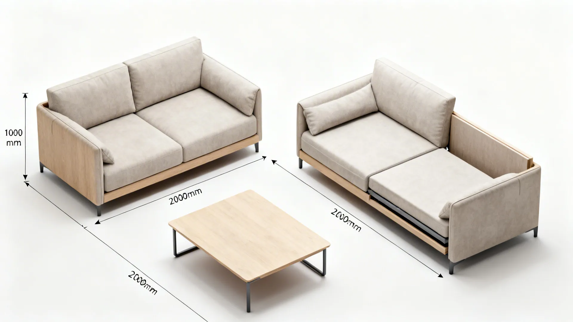 Top-down plan showing sleeper sofa open depth and circulation in a small living room.