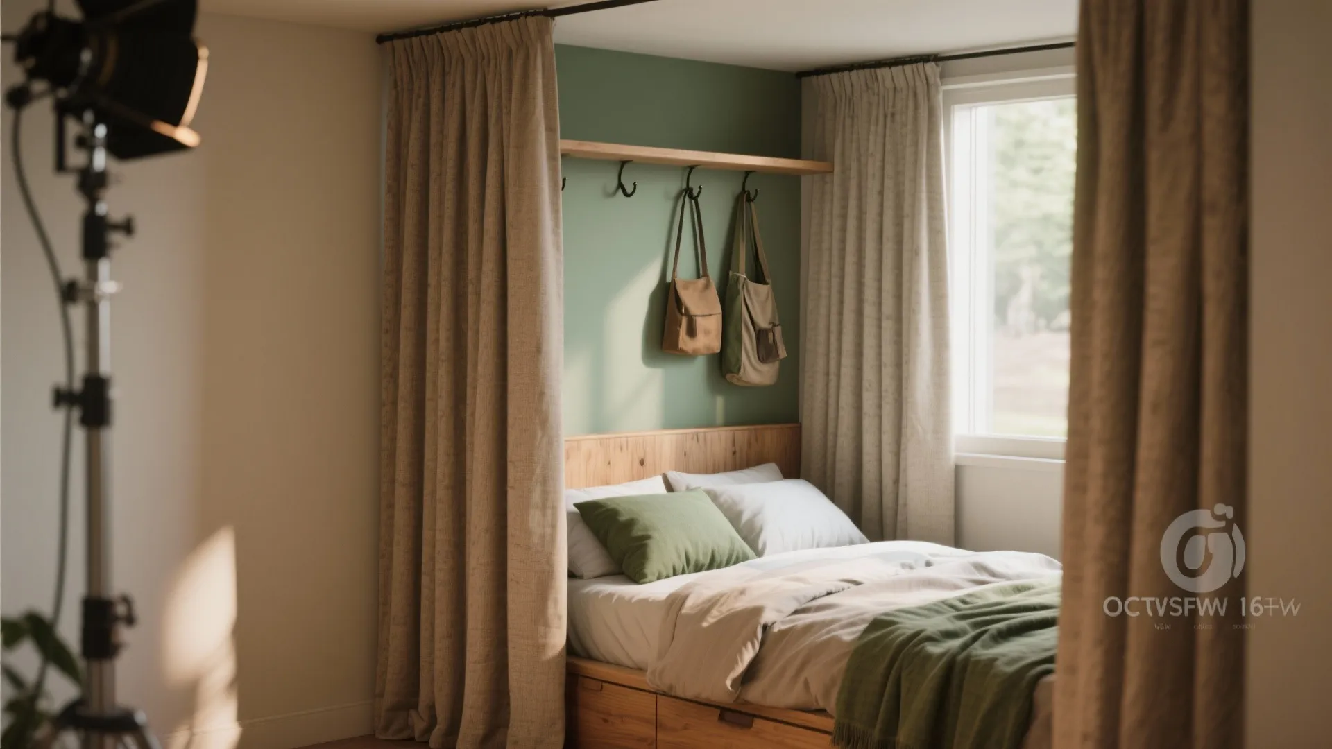 Cozy sleeping nook with curtains, vertical storage hooks, and a narrow shelf, lit by soft daylight.