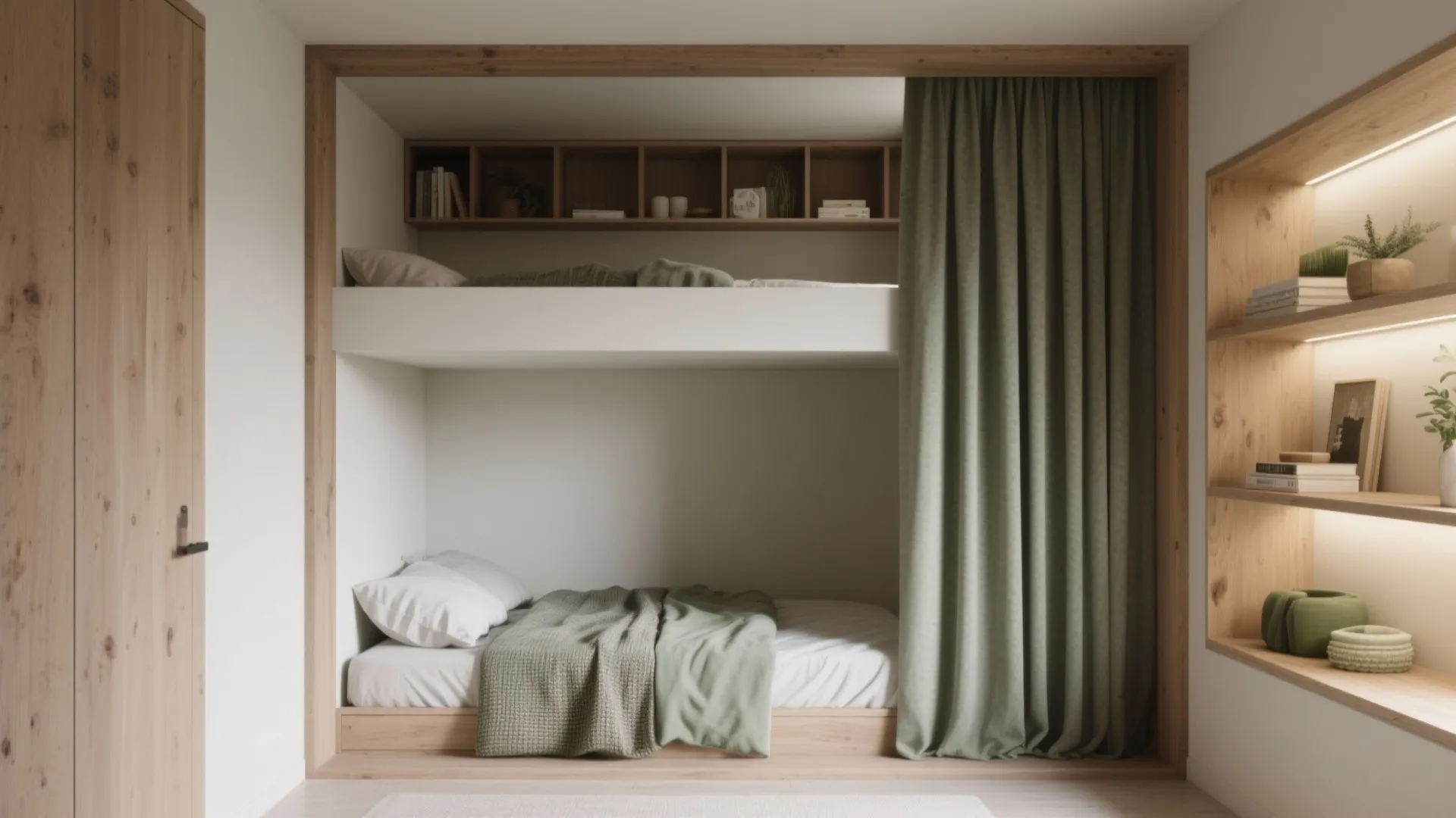 Built-in wooden bunk bed nook with green curtain and shelves for books and small plants