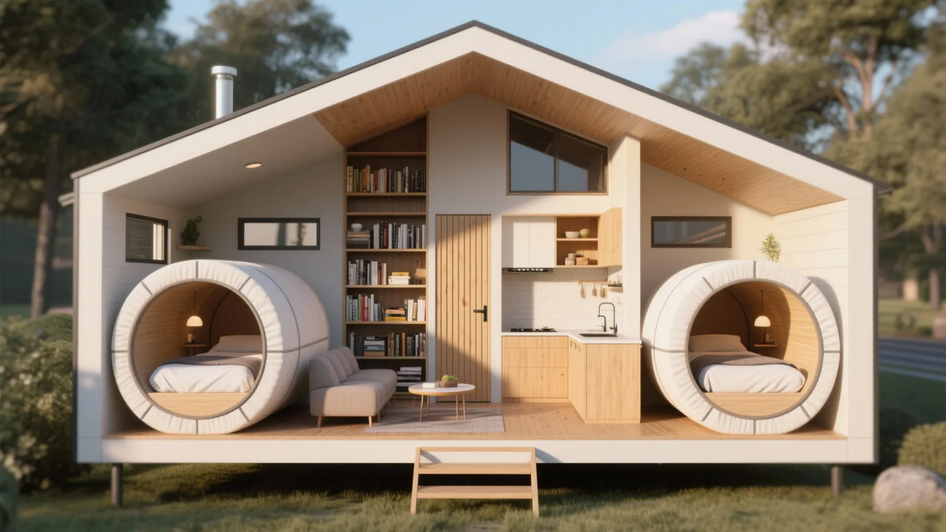 Small cabin layout with two round sleeping pods a kitchen sofa and tall wooden bookshelf