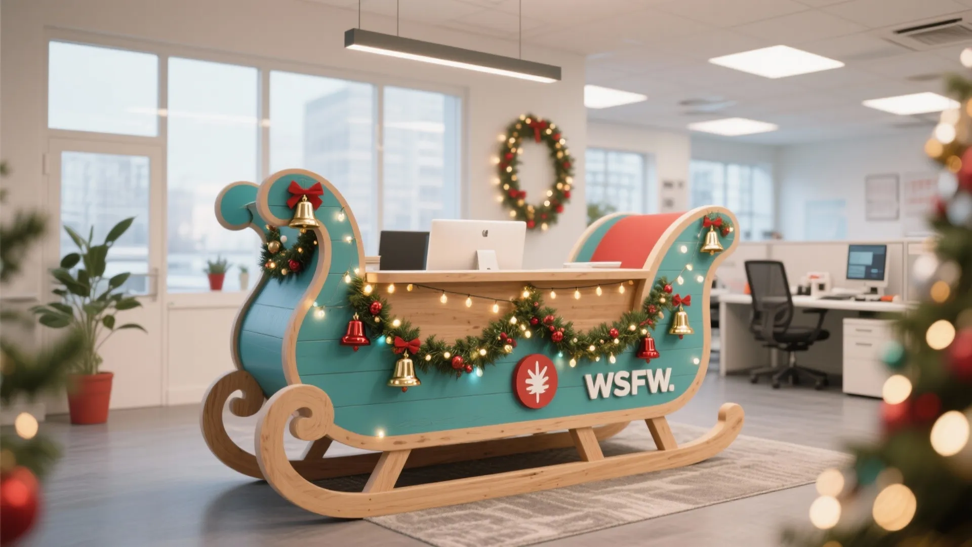 Office reception desk shaped like a blue wooden sleigh decorated with Christmas garlands and golden bells